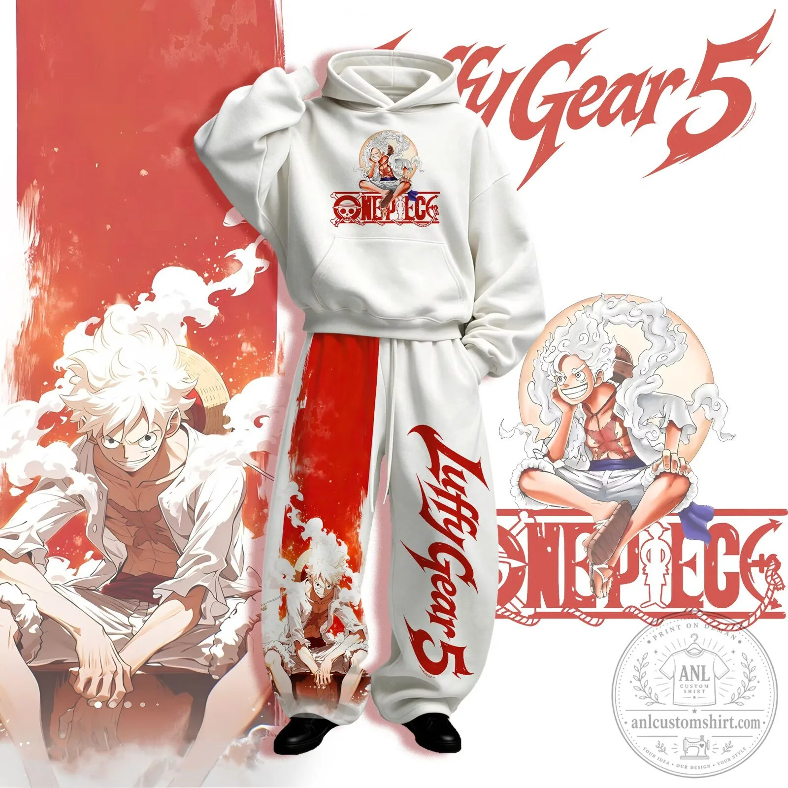One Piece Luffy Gear Five Anime Graphic Print White Hoodie and Sweatpants Set