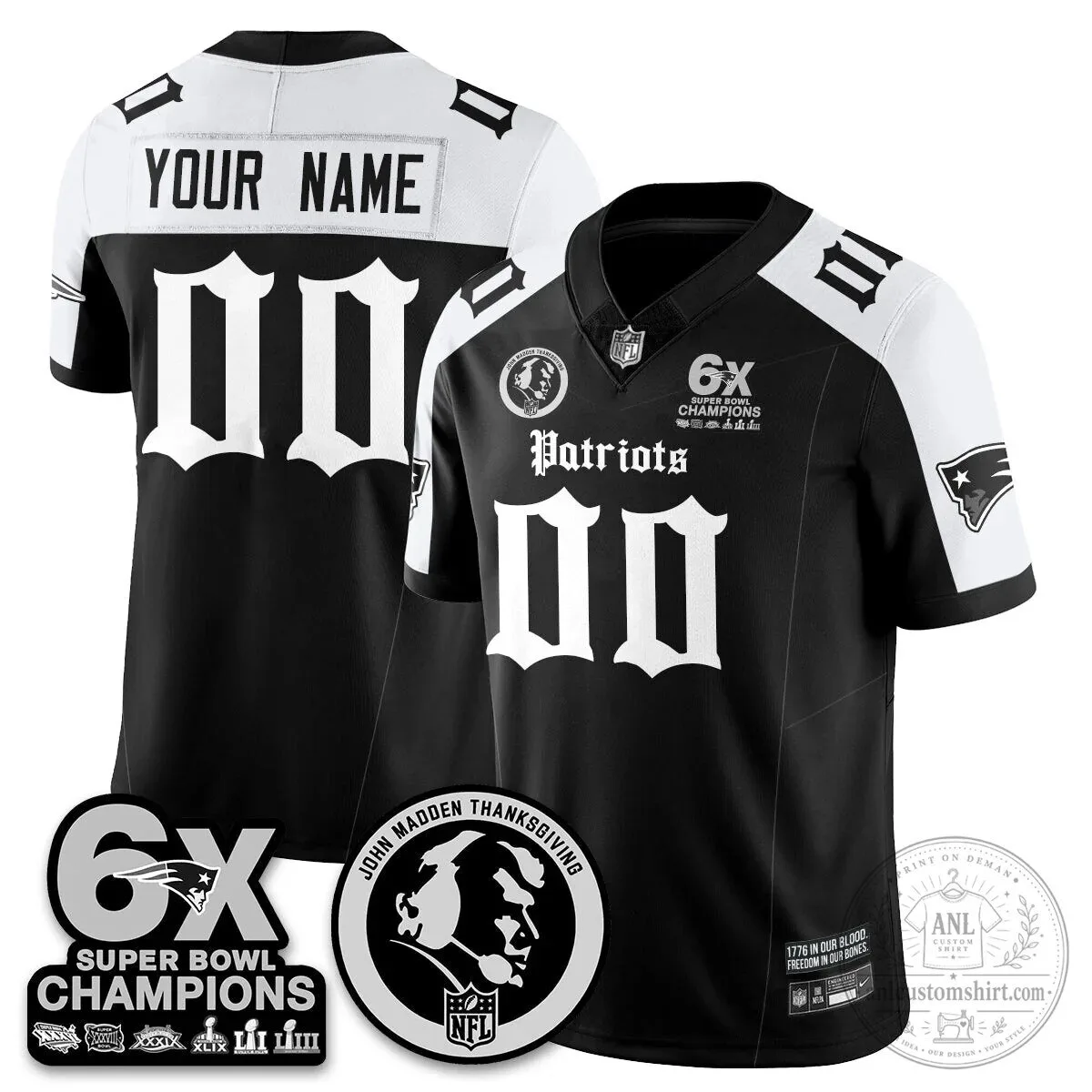 John Madden Thanksgiving New England Patriots Six Times Super Bowl Champions Black Jersey