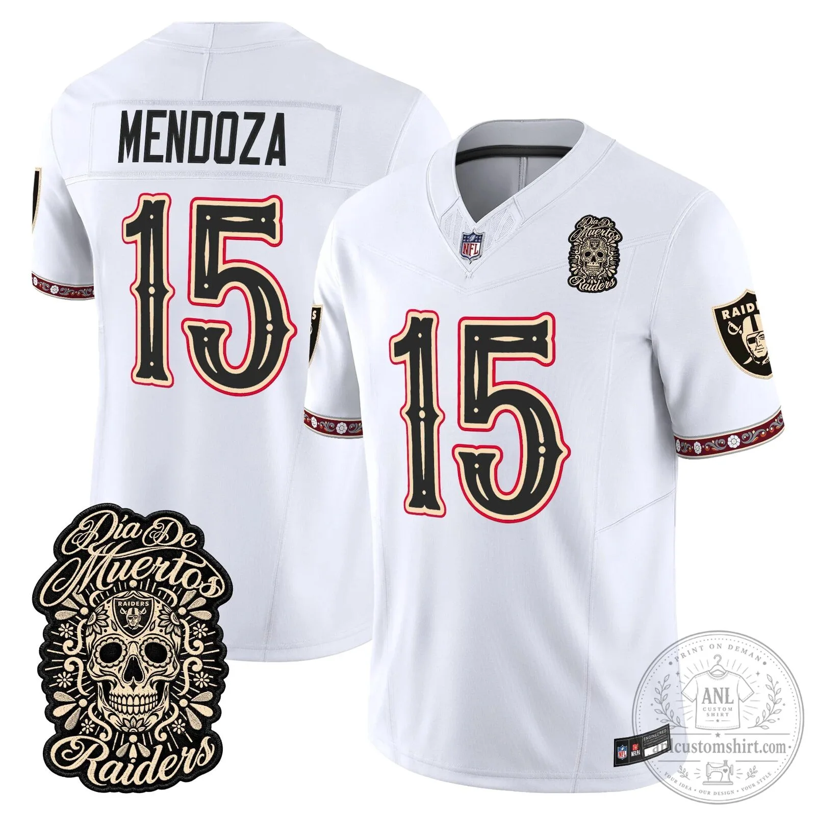 Las Vegas Raiders Dia de los Muertos Mendoza Number 15 Football Jersey 59 Las Vegas Raiders Dia de los Muertos Mendoza Number 15 Football Jersey