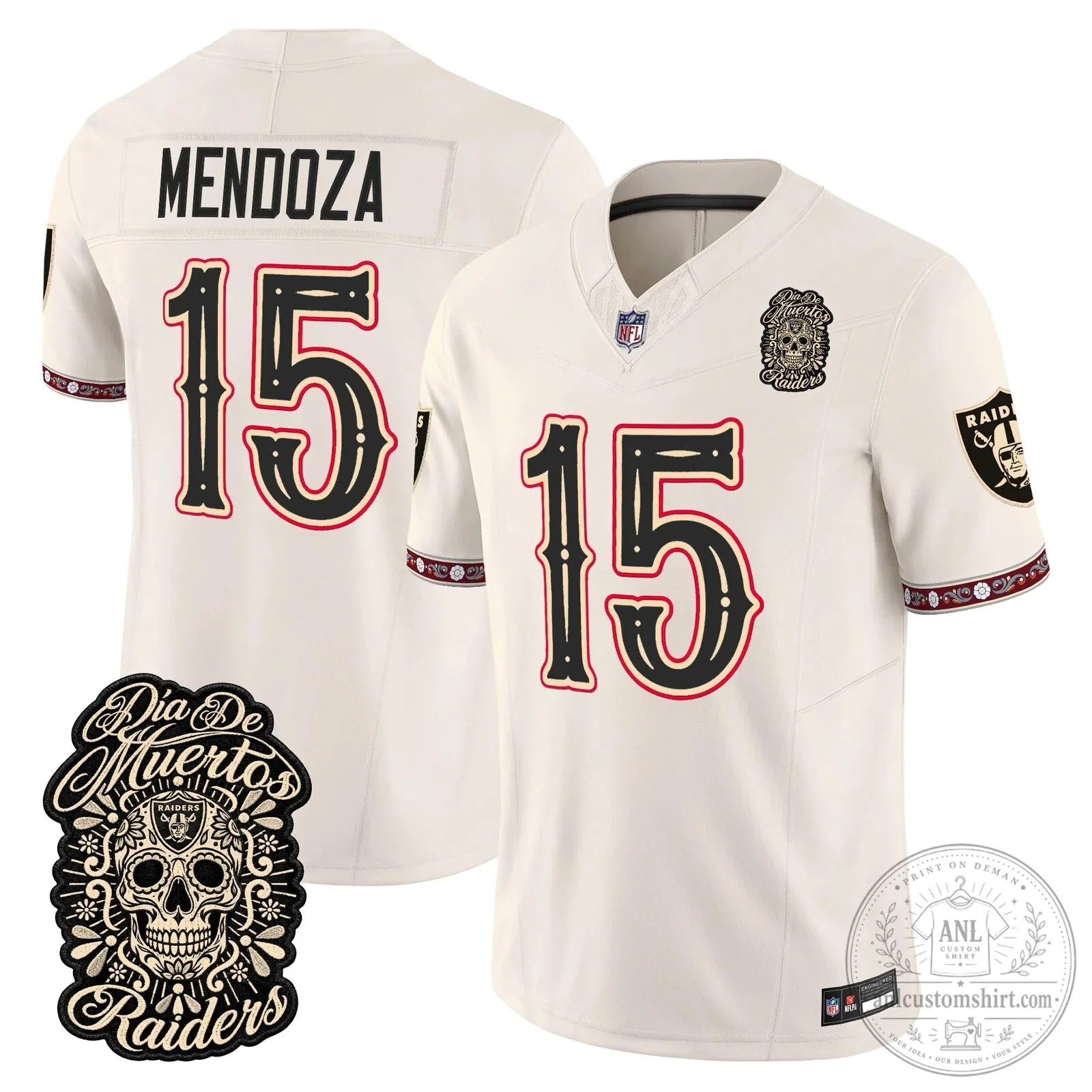 Las Vegas Raiders Dia de los Muertos Mendoza Number 15 Football Jersey 81 Las Vegas Raiders Dia de los Muertos Mendoza Number 15 Football Jersey