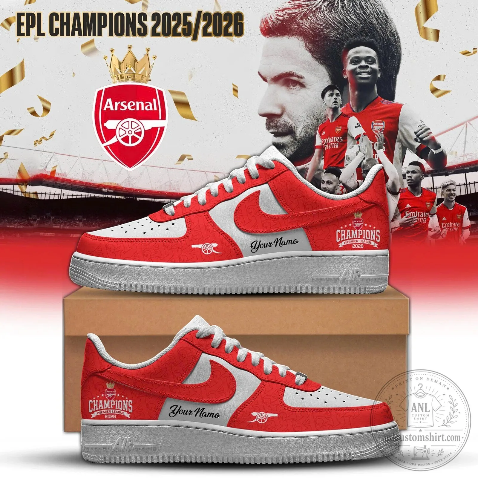 Arsenal Football Club Premier League Champions 2026 Custom Air Force 1 Shoes