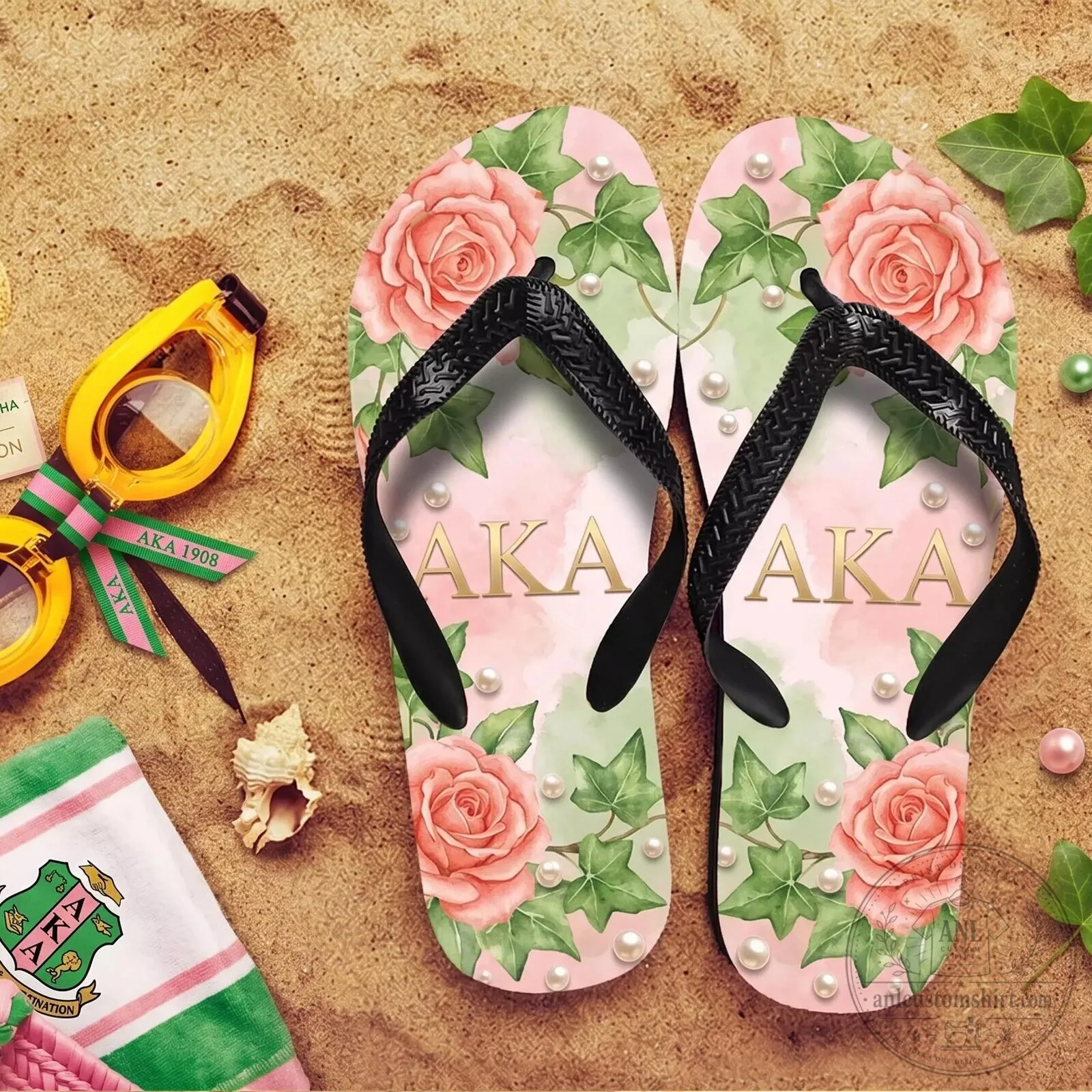 Alpha Kappa Alpha Sorority Pink Roses and Pearls Flip Flops