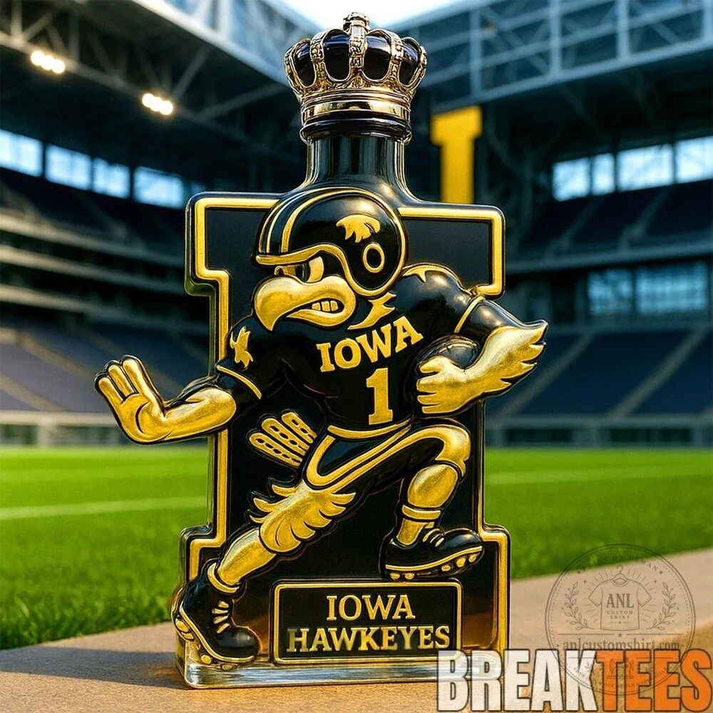 Iowa Hawkeyes Mascot Black and Gold Crown Whiskey Bottle