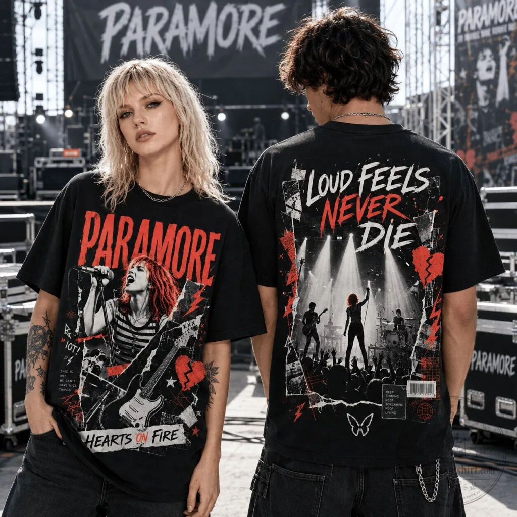 Paramore Hearts on Fire Rock Band Graphic Black T-Shirt for Music Fans Paramore Hearts on Fire Rock Band Graphic Black T-Shirt for Music Fans