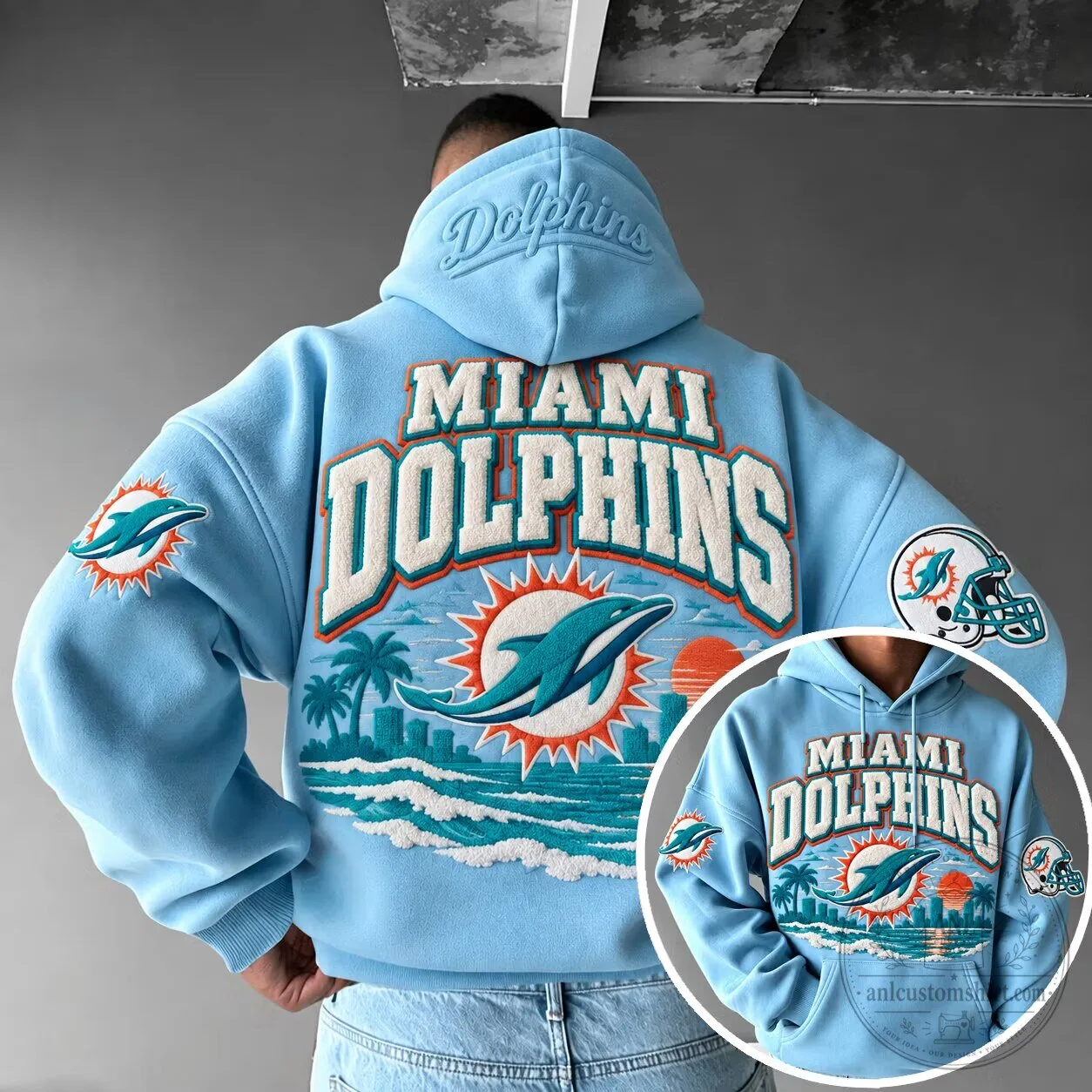 Miami Dolphins Embroidered Logo Light Blue Fleece Hoodie