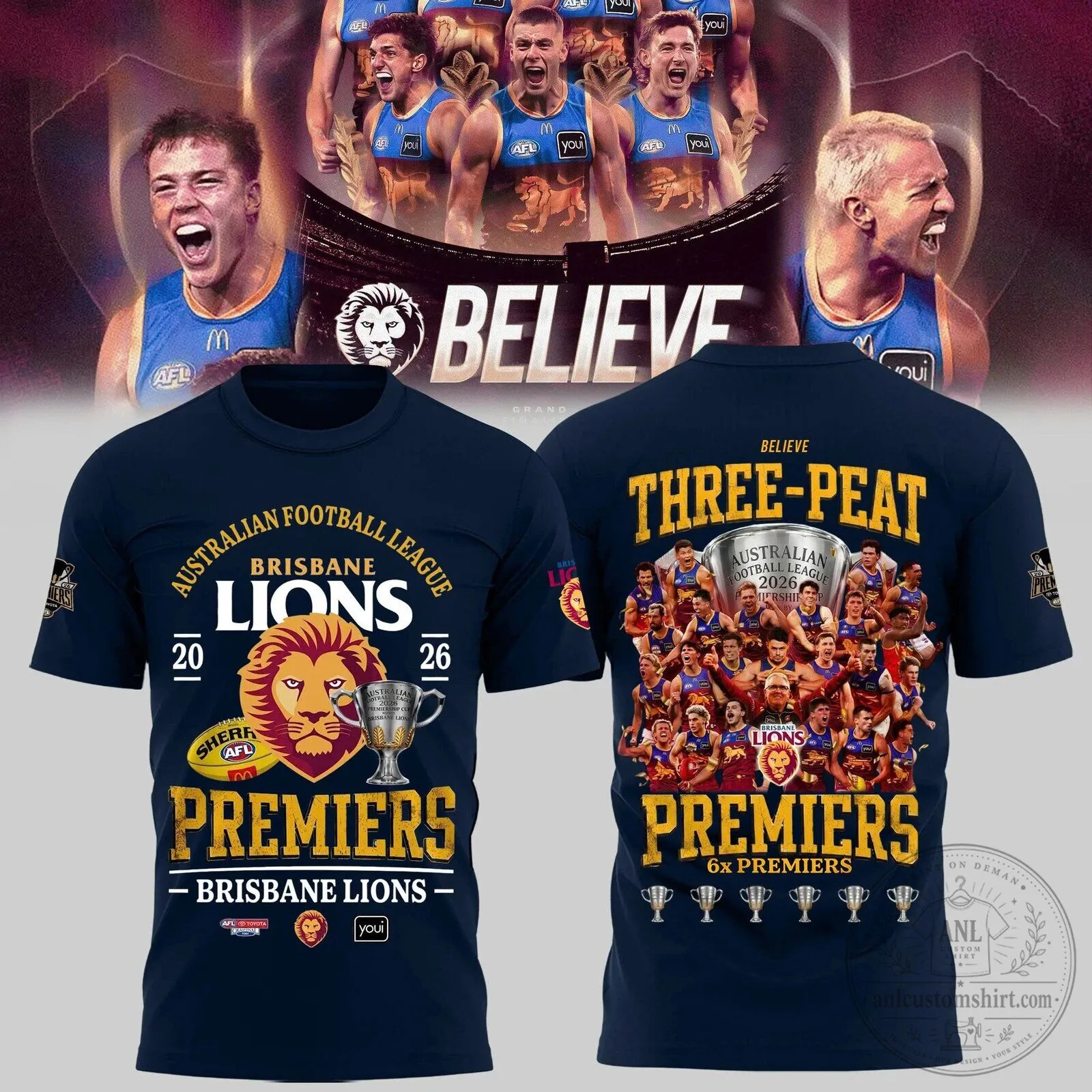 Brisbane Lions Australian Football League Premiers 2026 Three-Peat T-Shirt