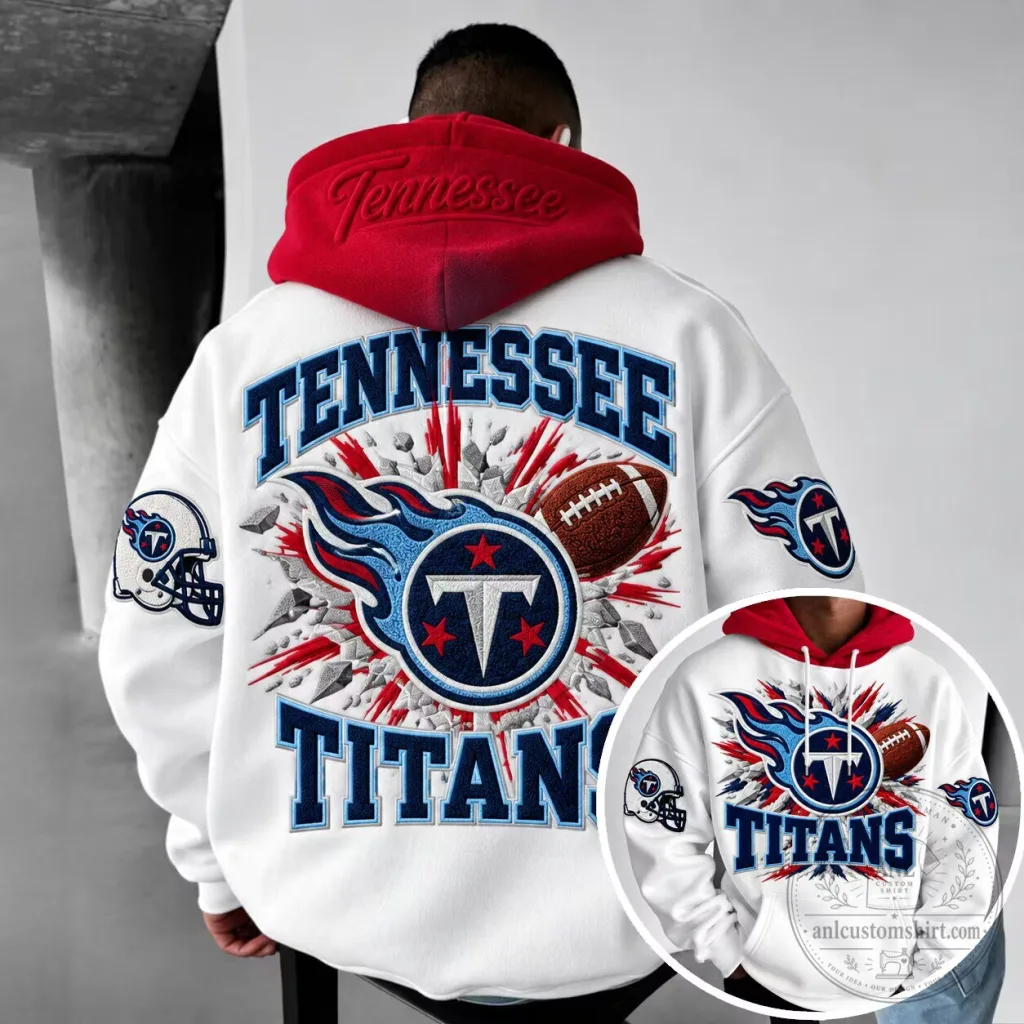 White Pullover Hoodie featuring the Tennessee Titans Football Team Logo White Pullover Hoodie featuring the Tennessee Titans Football Team Logo