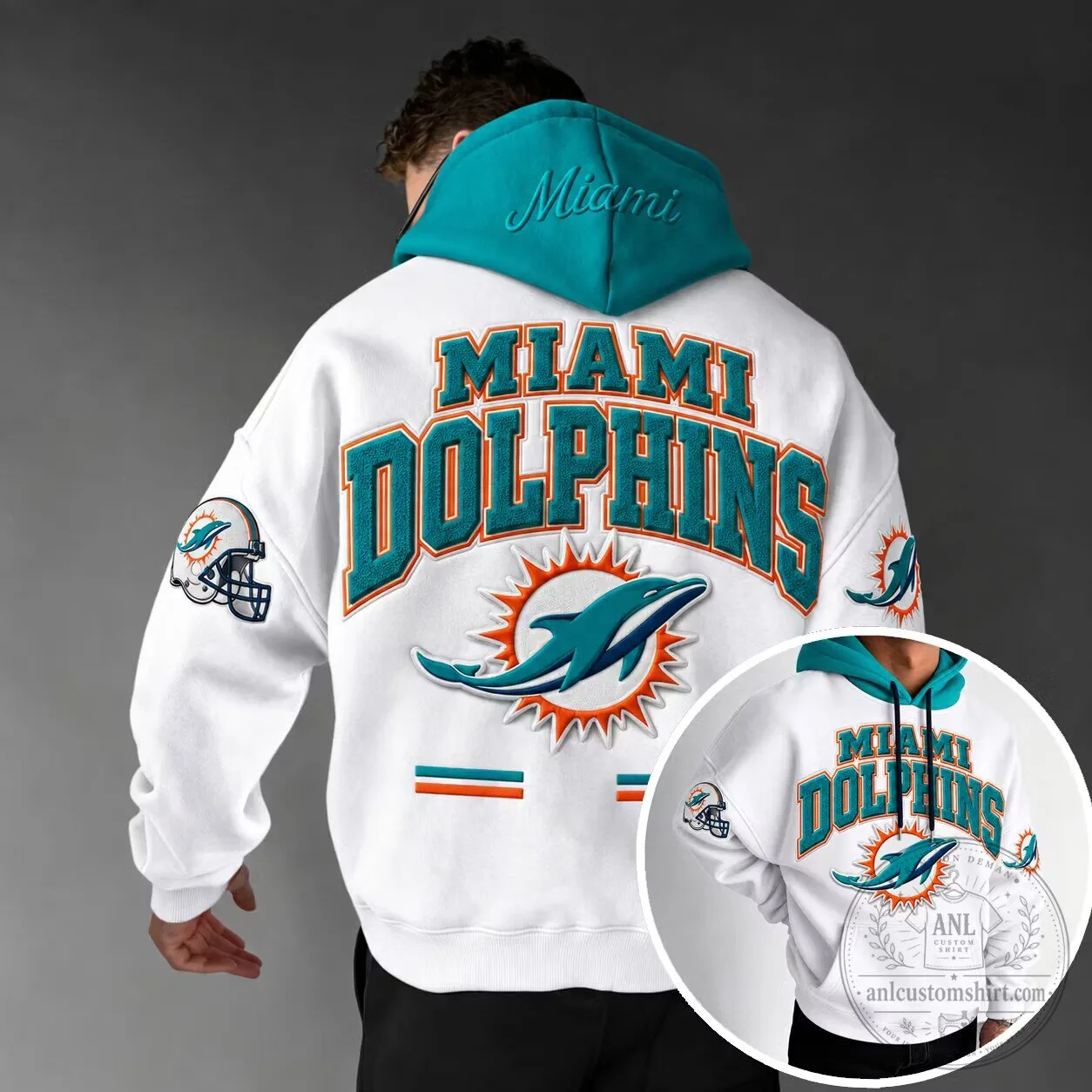 Miami Dolphins National Football League Team Logo White Embroidered Hoodie