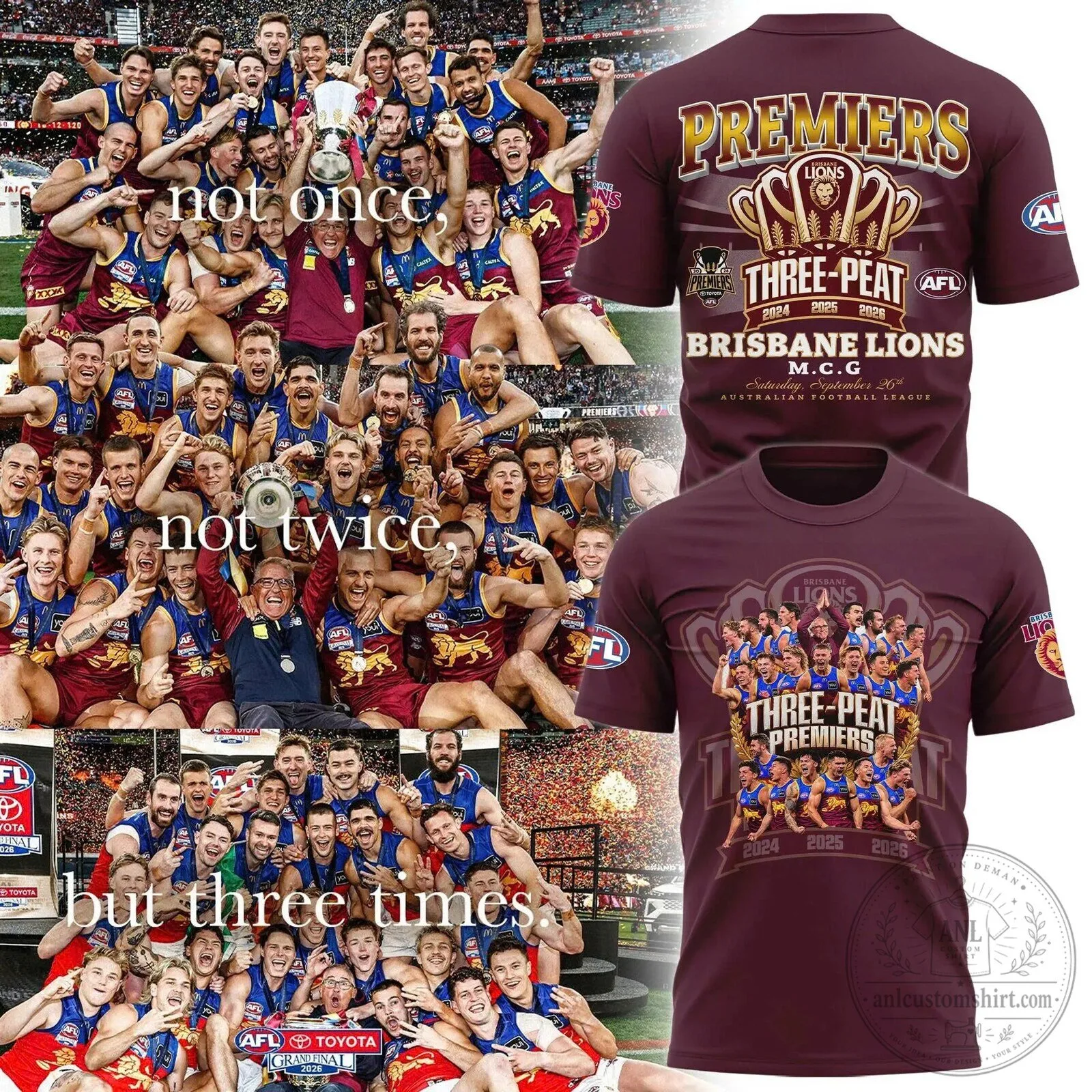Brisbane Lions Australian Football League Three-Peat Premiers T-Shirt