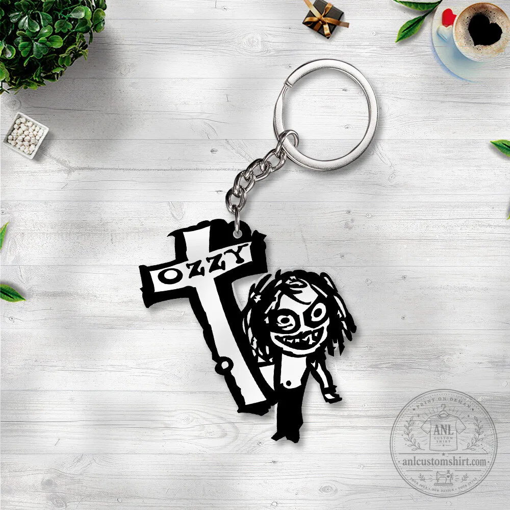 Ozzy Osbourne Cartoon Character and Cross Metal Keychain
