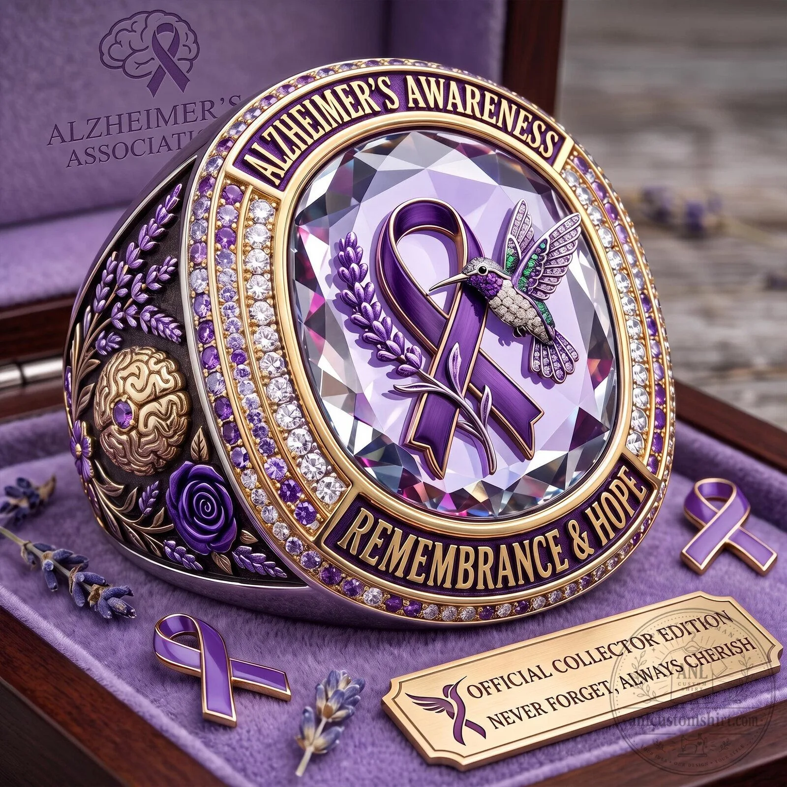 Alzheimer's Awareness Hummingbird Remembrance and Hope Commemorative Ring