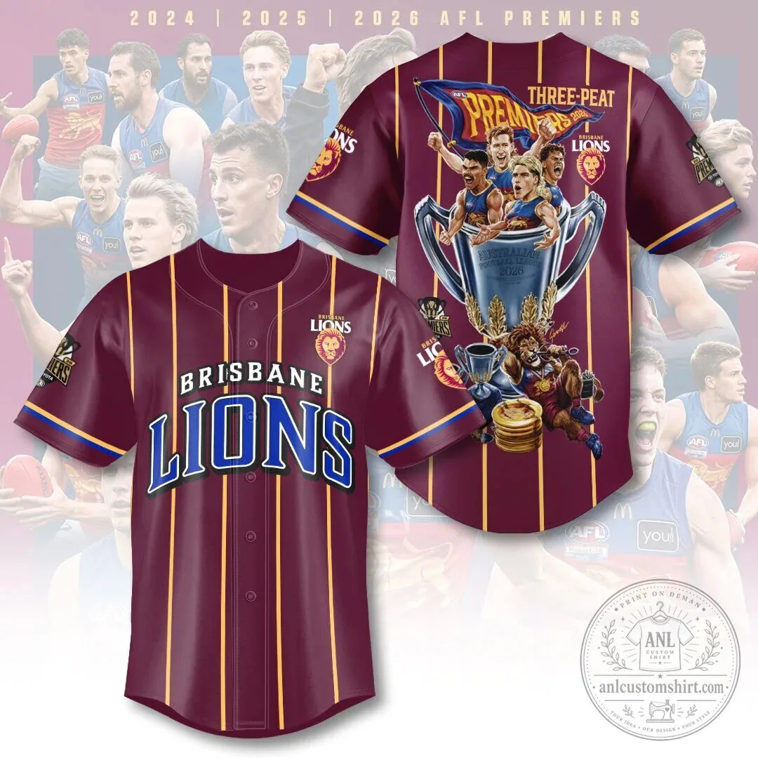 Brisbane Lions Threepeat Premiers 2024 2025 2026 AFL Baseball Jersey