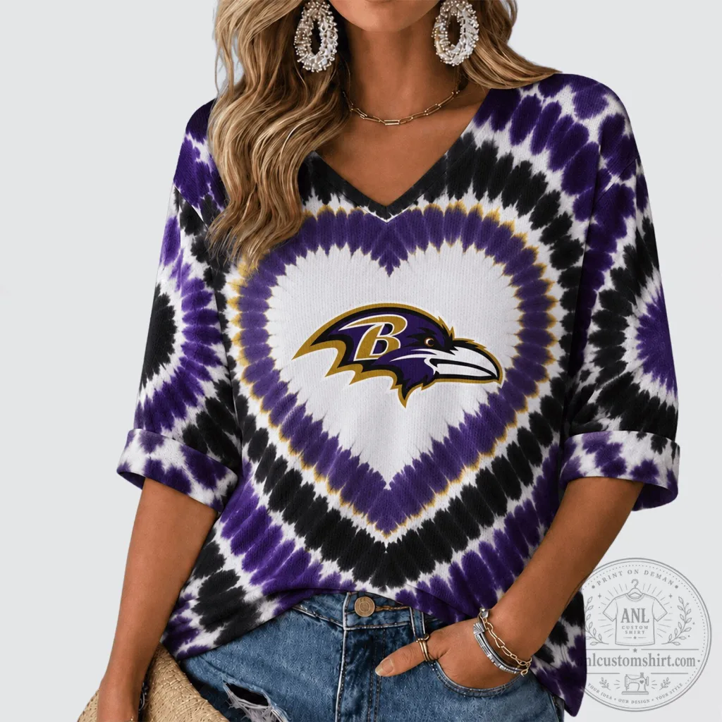 Baltimore Ravens Tie Dye Heart Logo V-Neck Long Sleeve Shirt Baltimore Ravens Tie Dye Heart Logo V-Neck Long Sleeve Shirt
