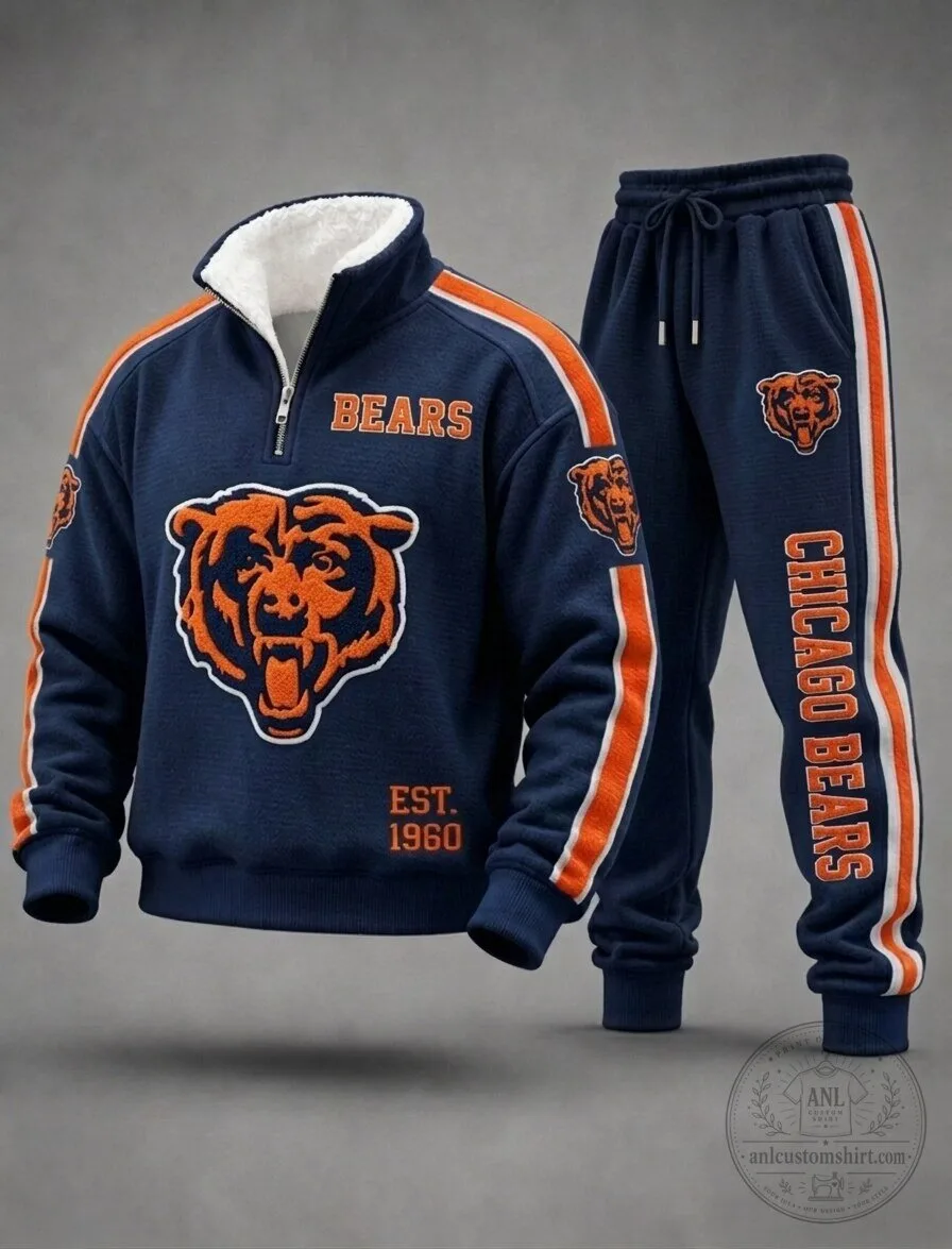 Chicago Bears NFL Football Team Navy Blue Half-Zip Sweatshirt and Sweatpants Set