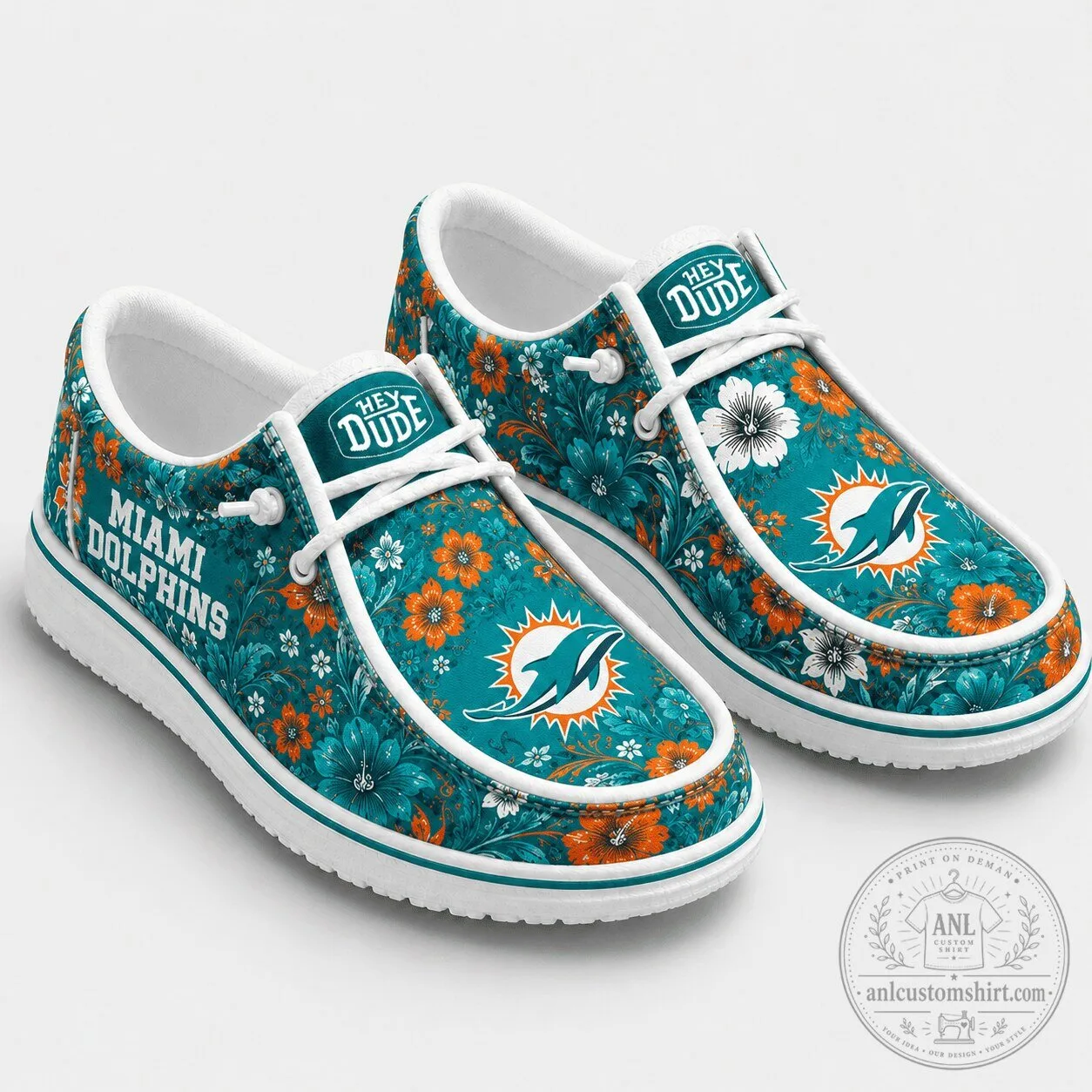Miami Dolphins NFL Team Floral Pattern Hey Dude Style Shoes