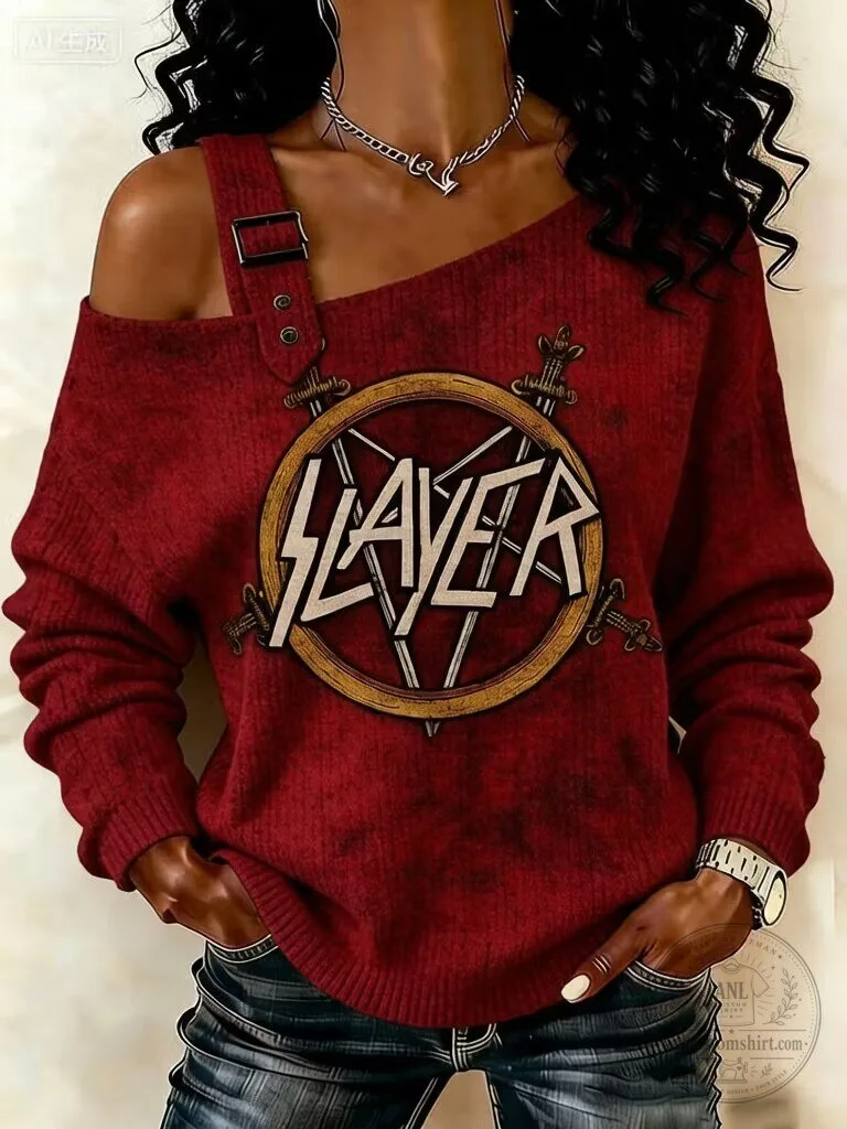 Slayer Band Logo Heavy Metal Music One Shoulder Long Sleeve Sweatshirt