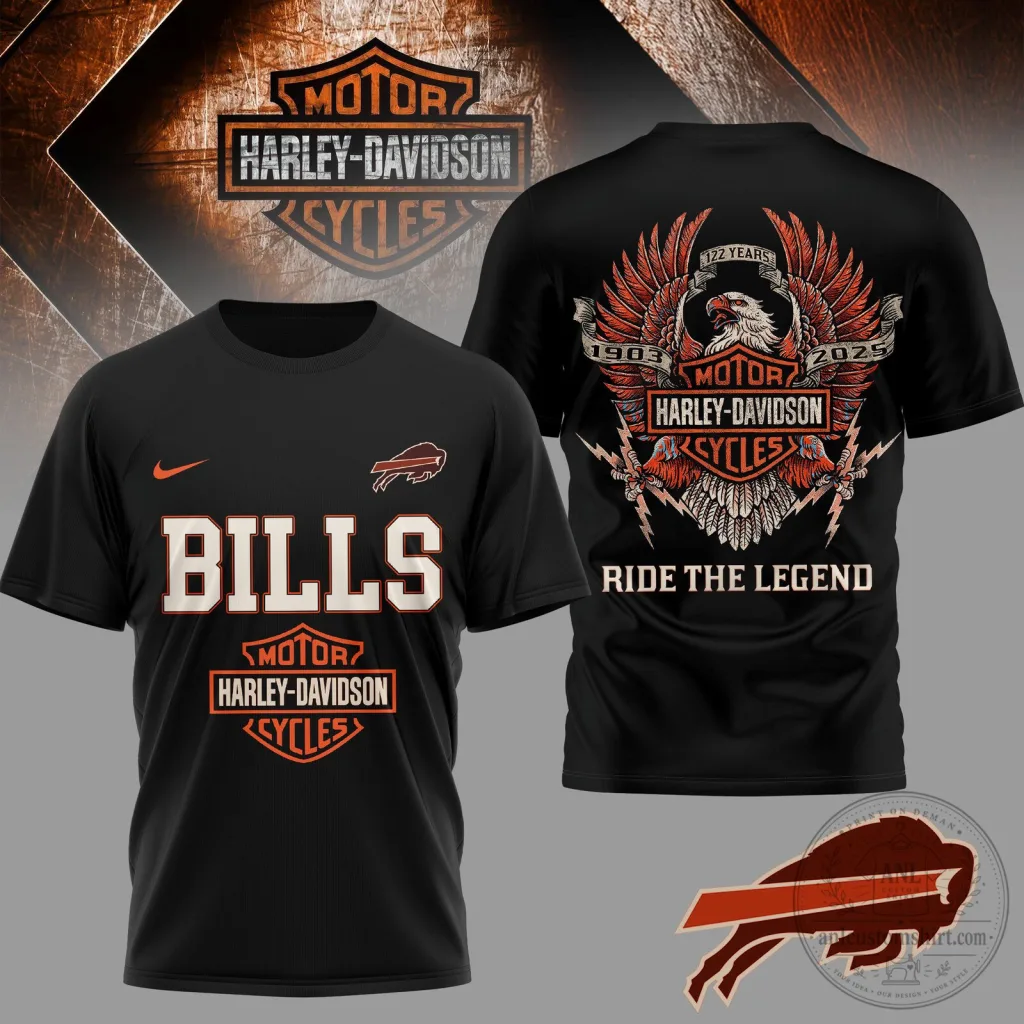 Buffalo Bills Harley Davidson Motorcycle 122 Year Anniversary Black T-Shirt Buffalo Bills Harley Davidson Motorcycle 122 Year Anniversary Black T-Shirt
