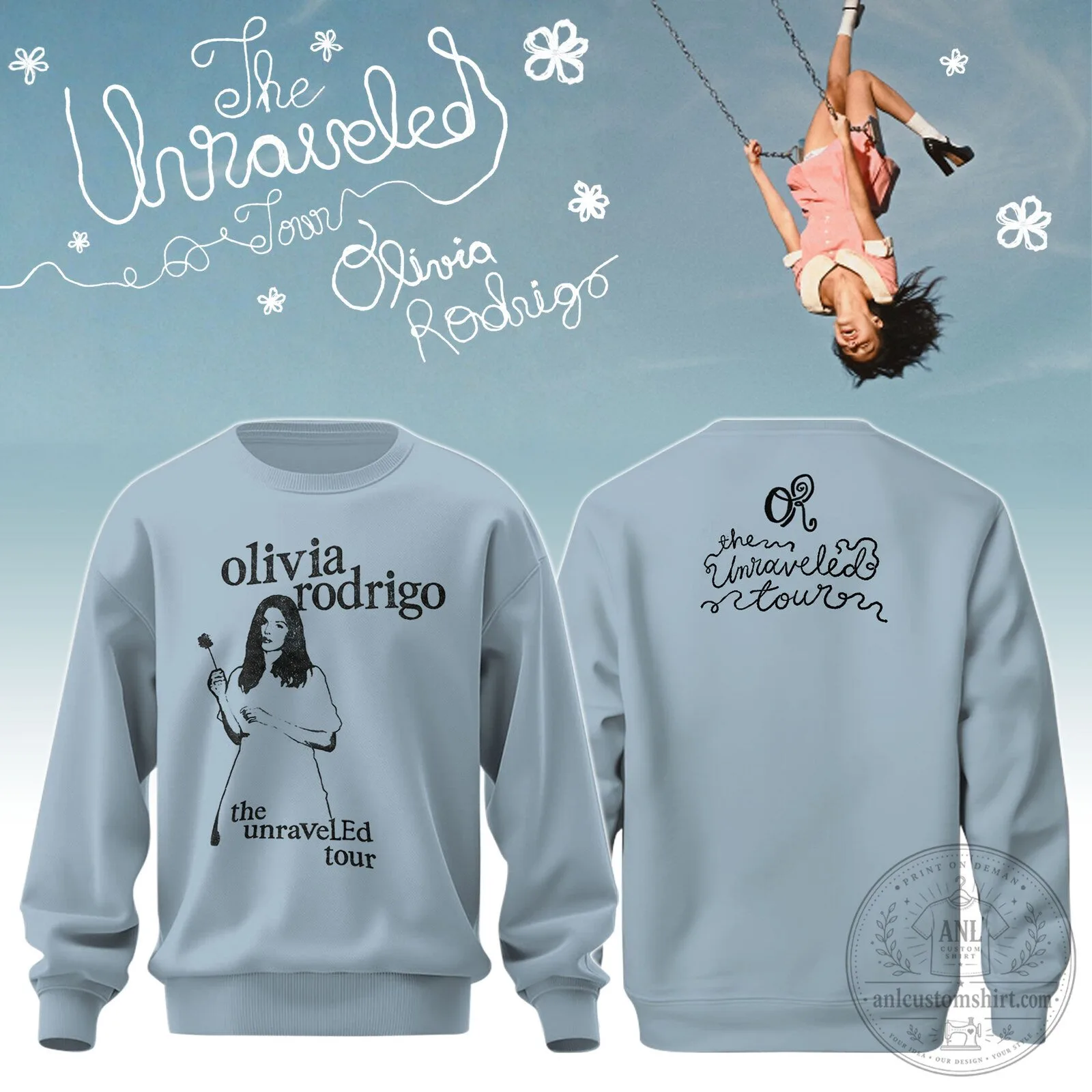 Olivia Rodrigo The Unraveled Tour Concert Light Blue Crewneck Sweatshirt