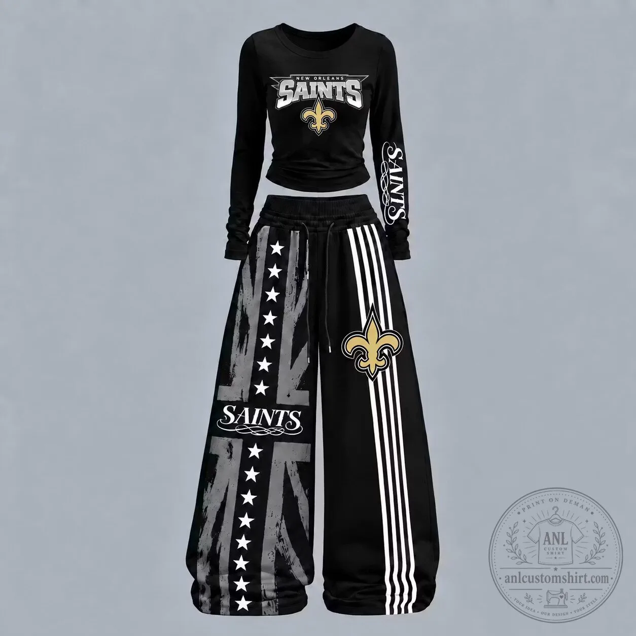 New Orleans Saints Women's Black Long-Sleeve Shirt and Pants Set 1 New Orleans Saints Women's Black Long-Sleeve Shirt and Pants Set