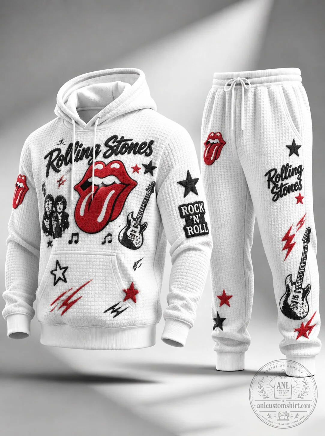 The Rolling Stones Rock and Roll Music Band White Waffle Hoodie and Sweatpants Set