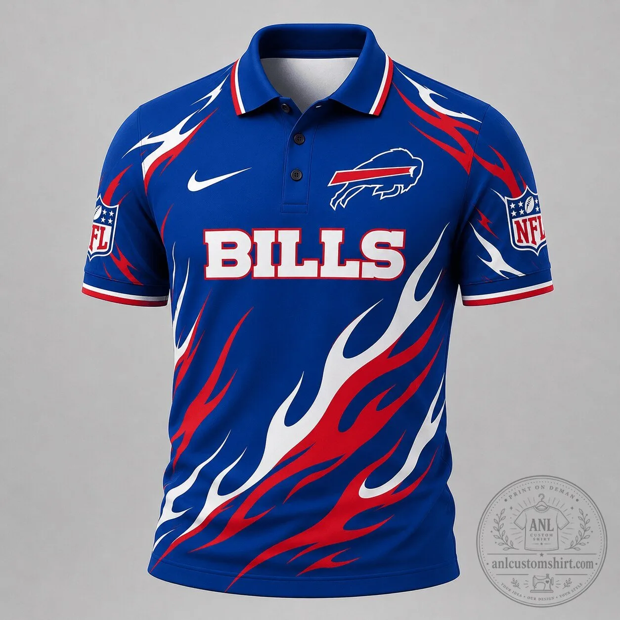 Buffalo Bills NFL Flame Pattern Performance Polo Shirt for Men