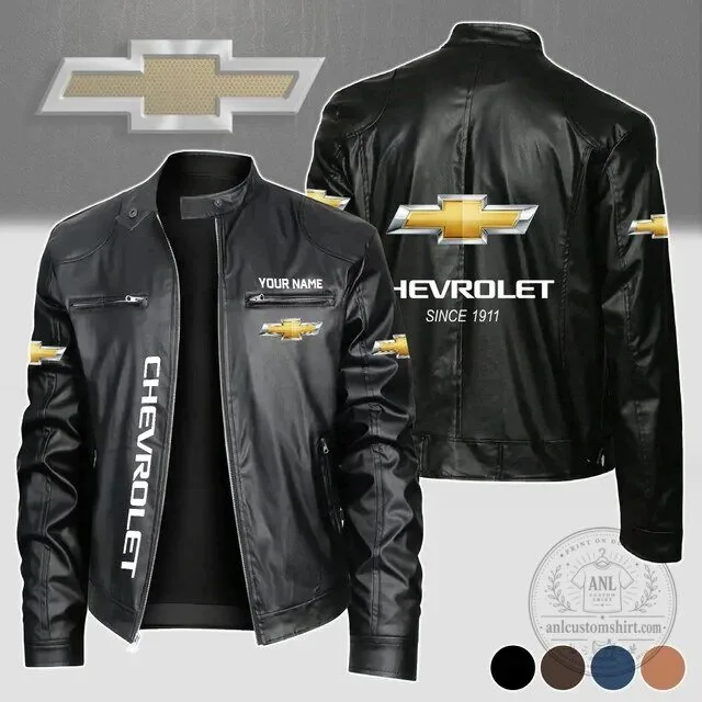 Personalized Chevrolet Logo Black Leather Jacket for Men