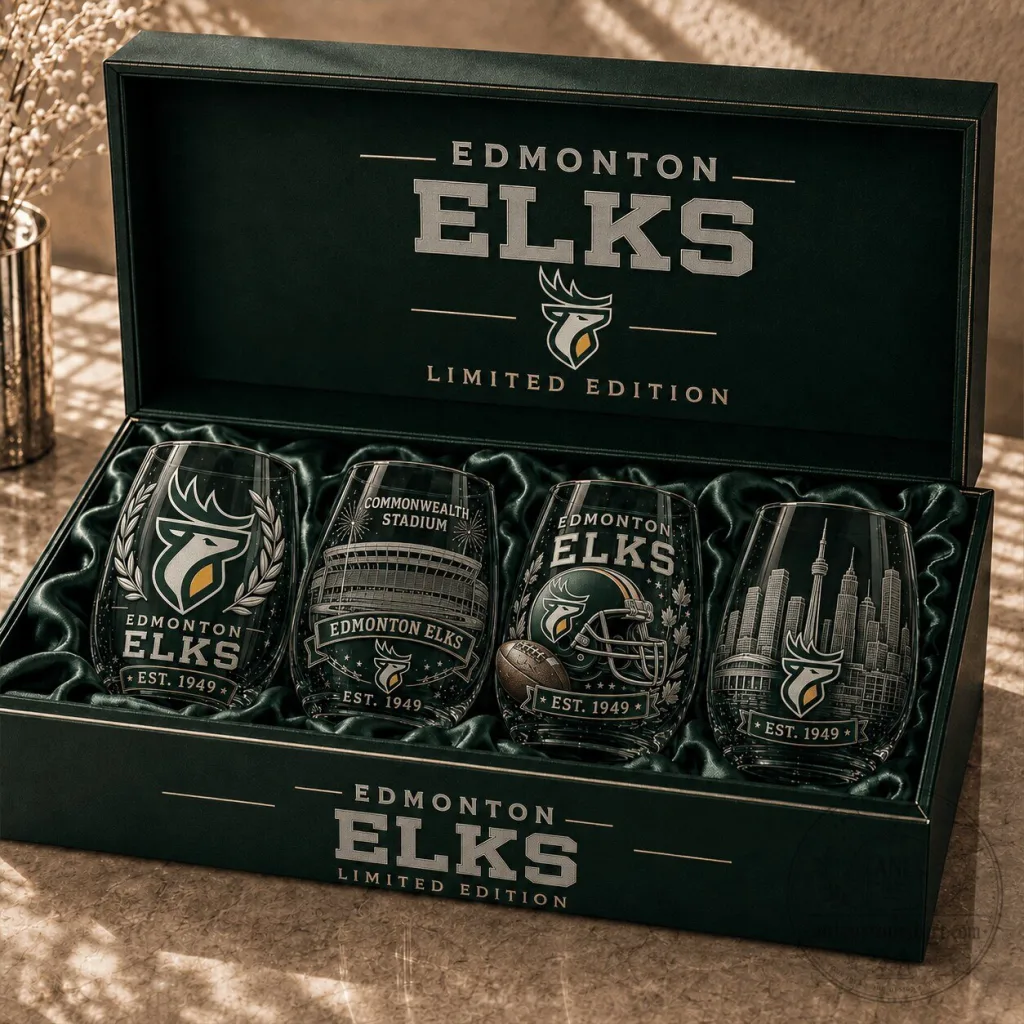 Set of Stemless Wine Glasses Featuring Edmonton Elks of the Canadian Football League Set of Stemless Wine Glasses Featuring Edmonton Elks of the Canadian Football League