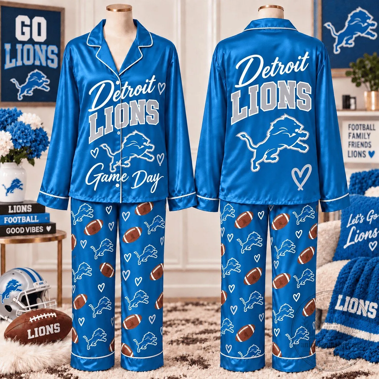 Detroit Lions Game Day Football Team Logo Pajamas Set for Women