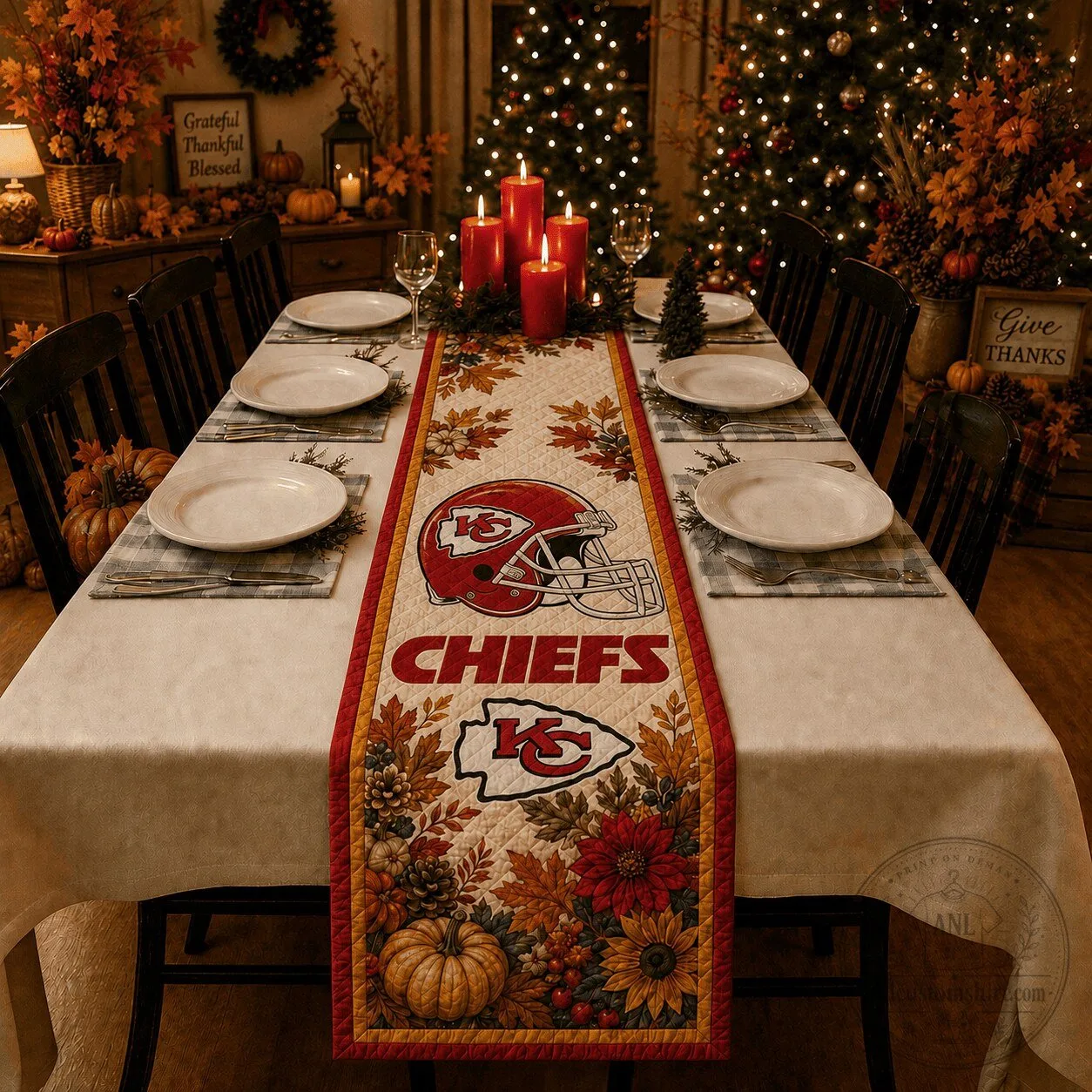 Kansas City Chiefs Football Team Thanksgiving Autumn Leaves Table Runner