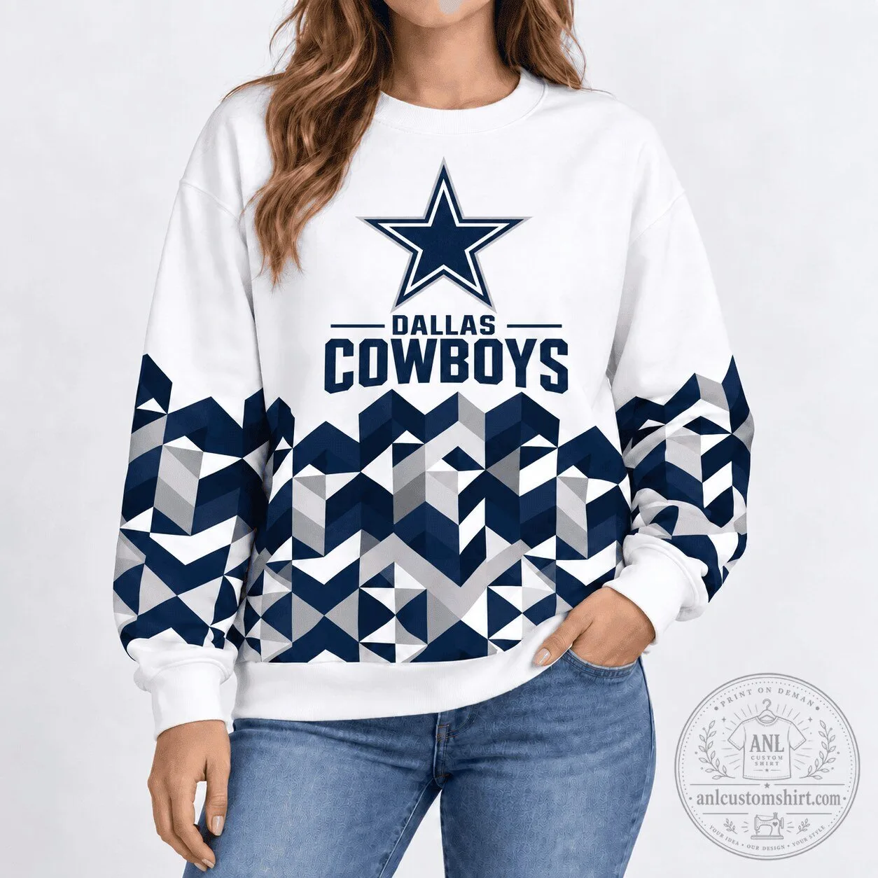Dallas Cowboys Geometric Chevron Pattern White Crewneck Sweatshirt for Women