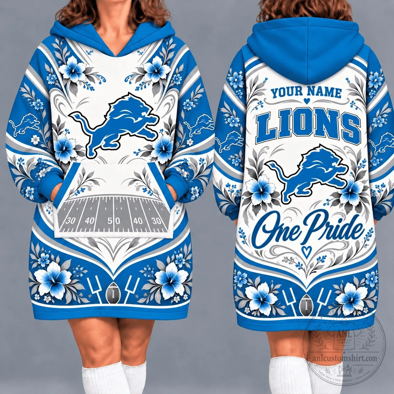 Detroit Lions Fan Personalized Floral Oversized Wearable Blanket Hoodie