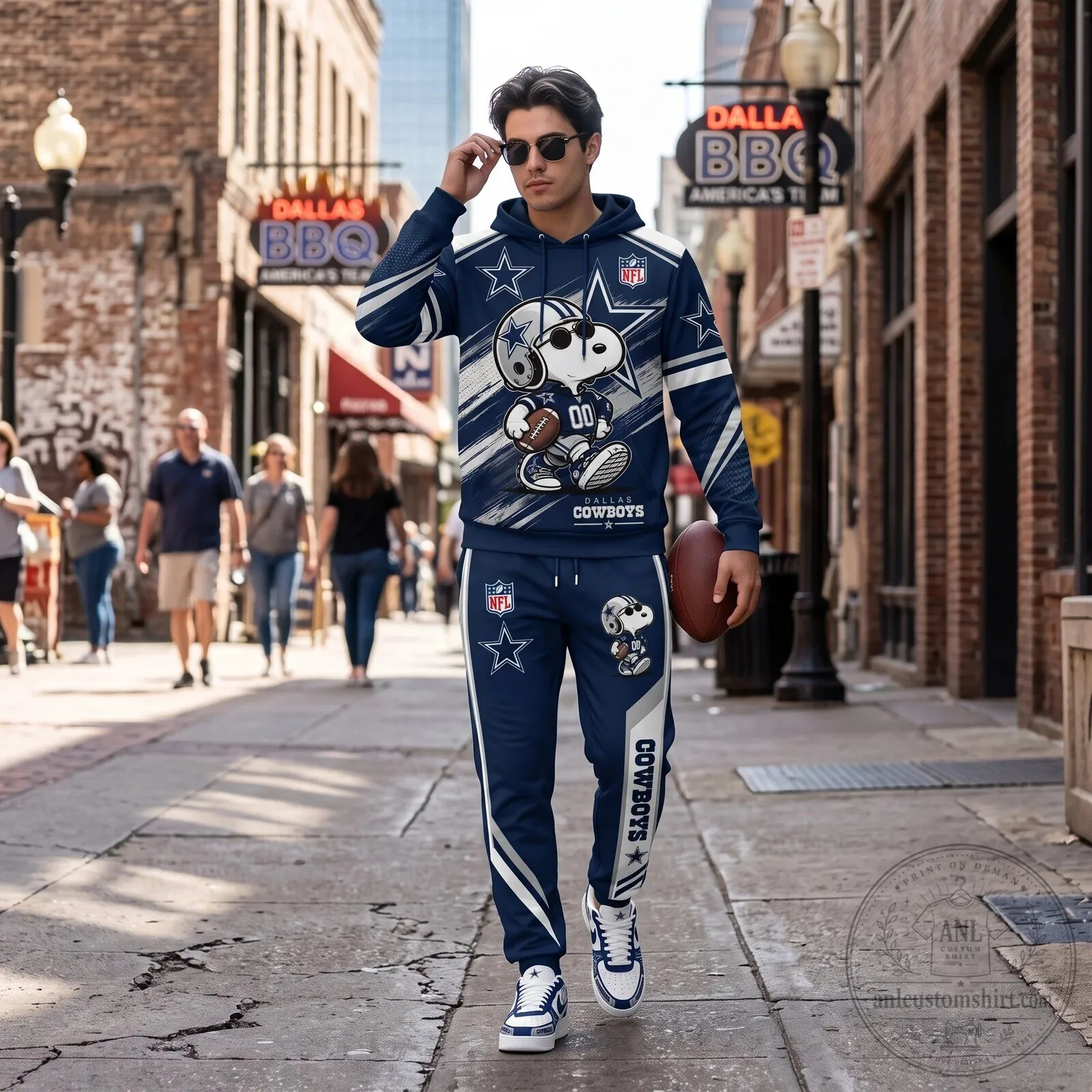Full Print Hoodie and Sweatpants Set Featuring Dallas Cowboys and Snoopy Football Team