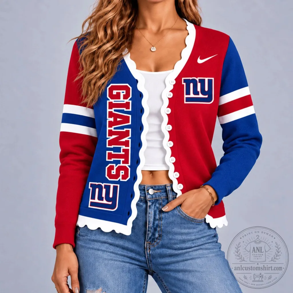 New York Giants NFL Football Team Scalloped Edge Cardigan Sweater New York Giants NFL Football Team Scalloped Edge Cardigan Sweater