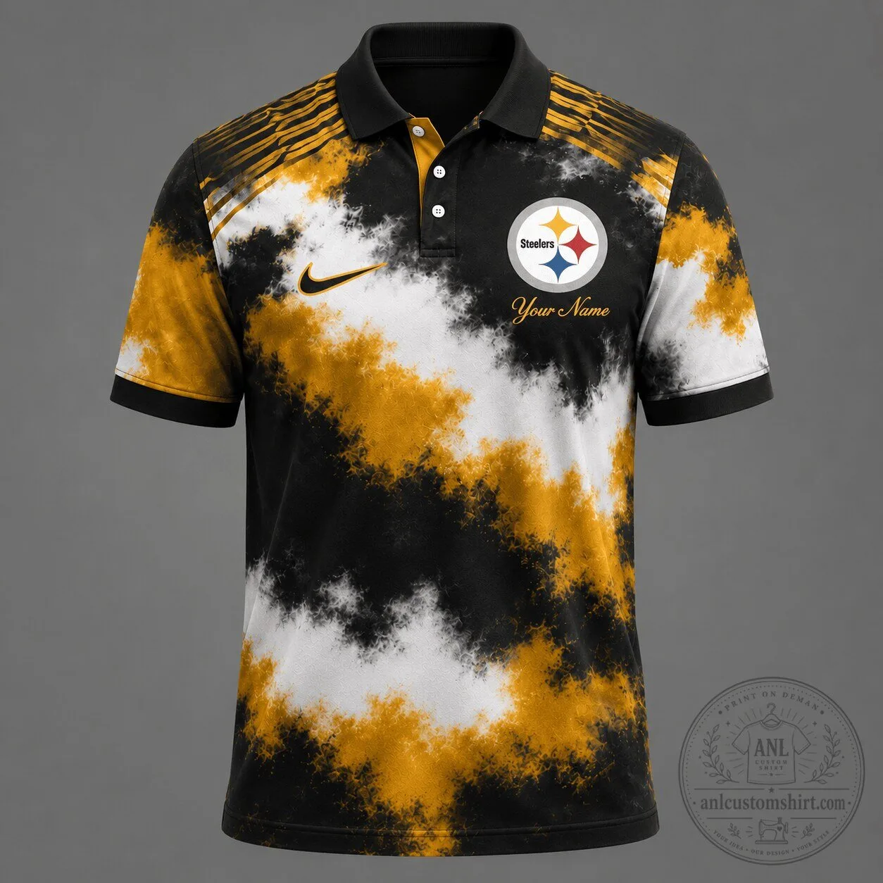 Pittsburgh Steelers Personalized Black and Gold Tie-Dye Polo Shirt