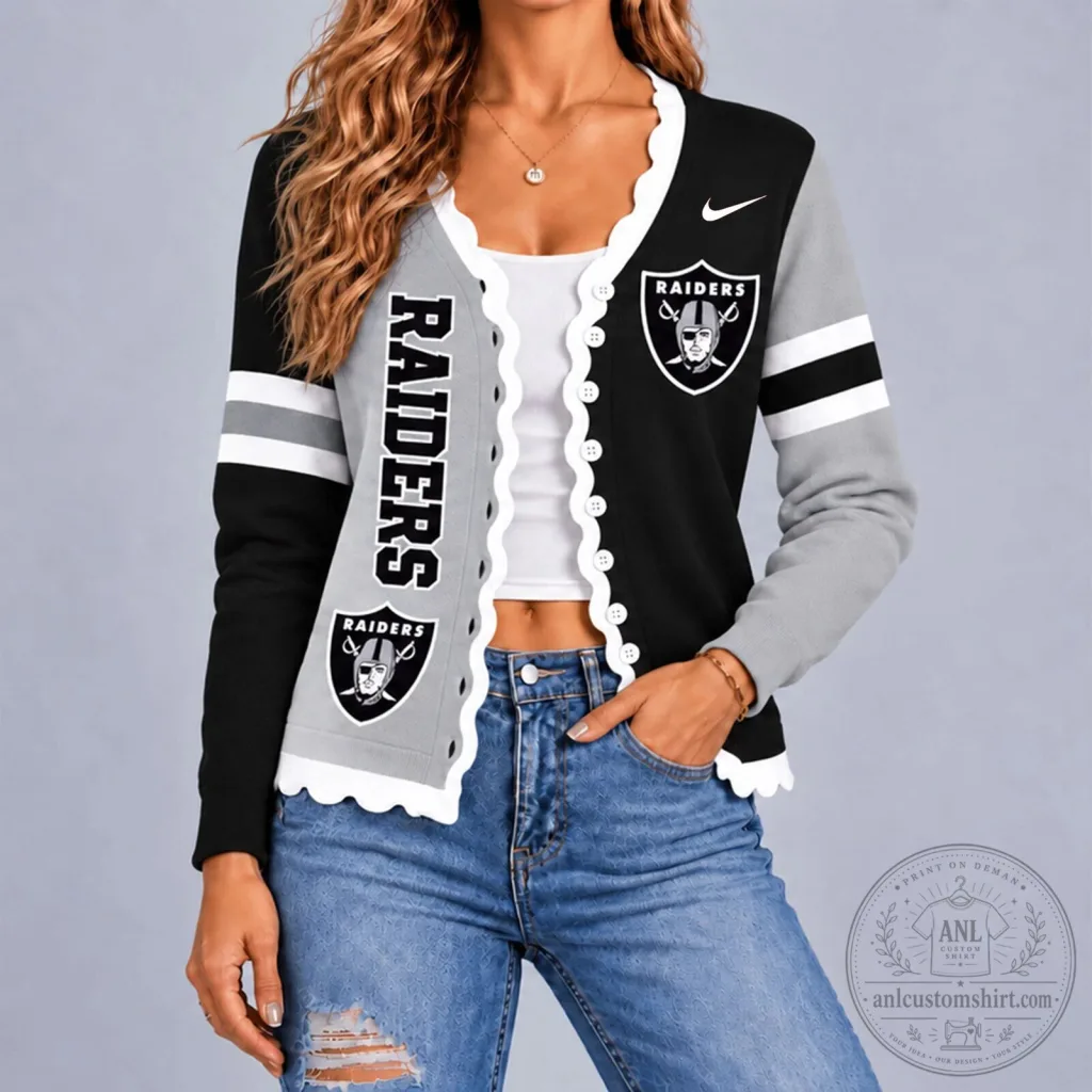 Las Vegas Raiders NFL Football Team Black and Gray Scalloped Cardigan Las Vegas Raiders NFL Football Team Black and Gray Scalloped Cardigan