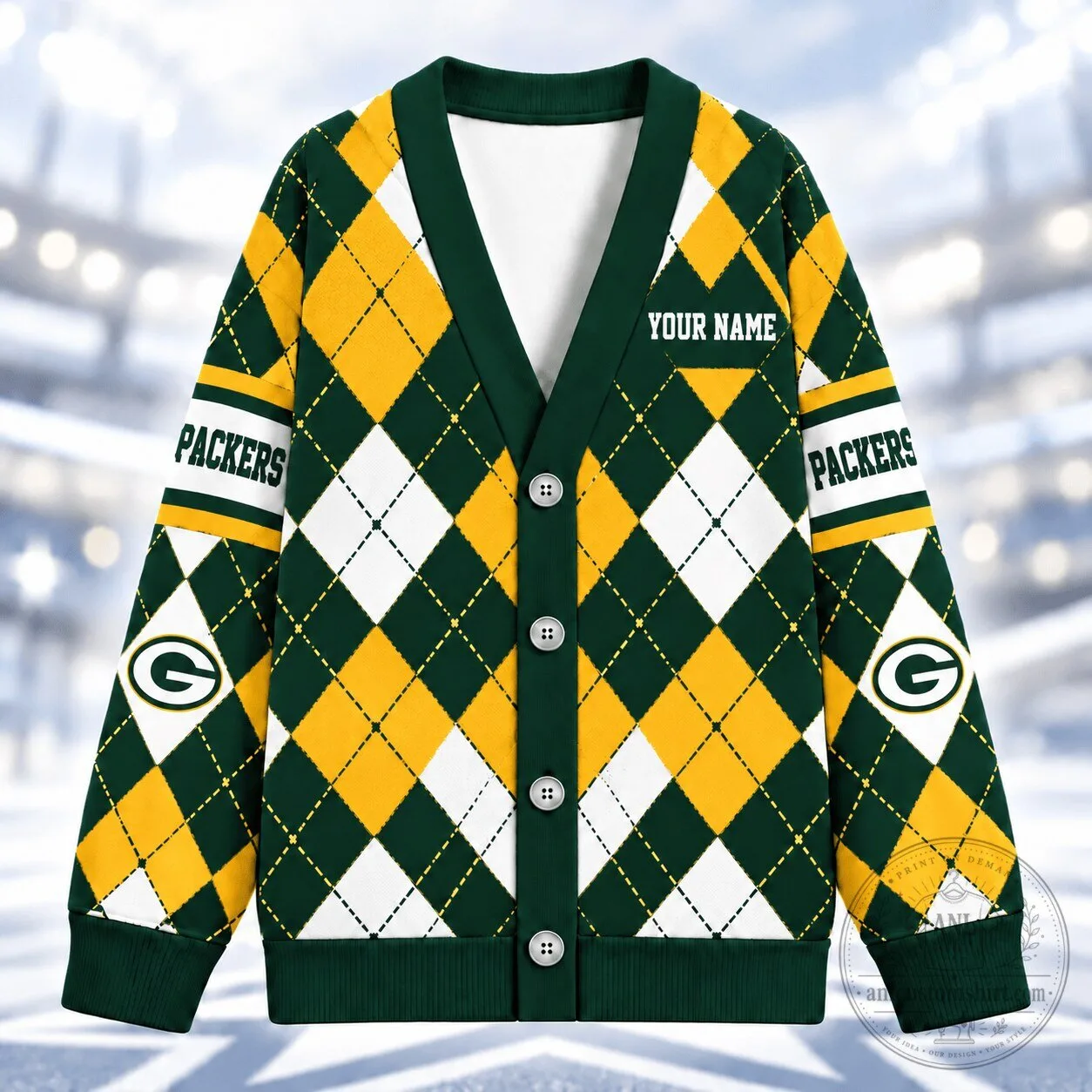 Green Bay Packers Custom Name Argyle Pattern V-Neck Button Down Cardigan