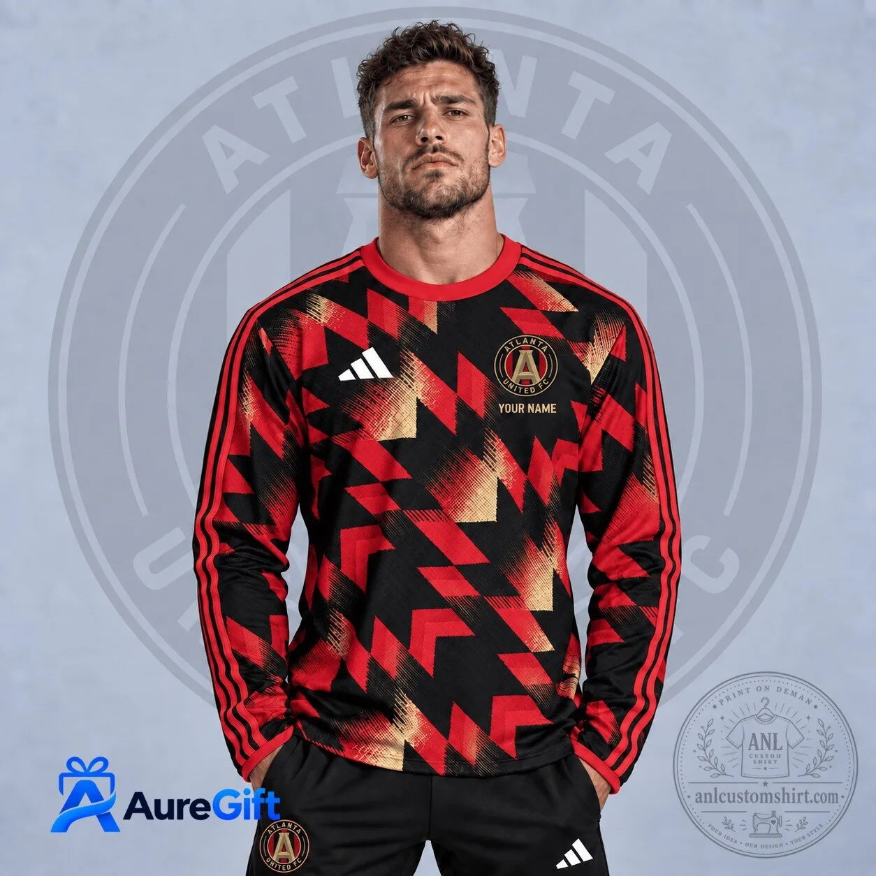 Atlanta United FC Personalized Red Black Gold Geometric Pattern Long Sleeve Jersey