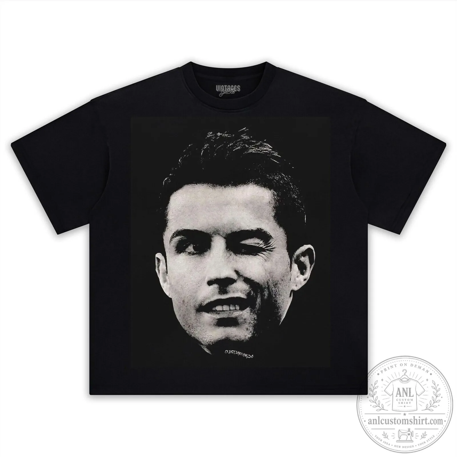 Cristiano Ronaldo Winking Face Portrait Black T-Shirt