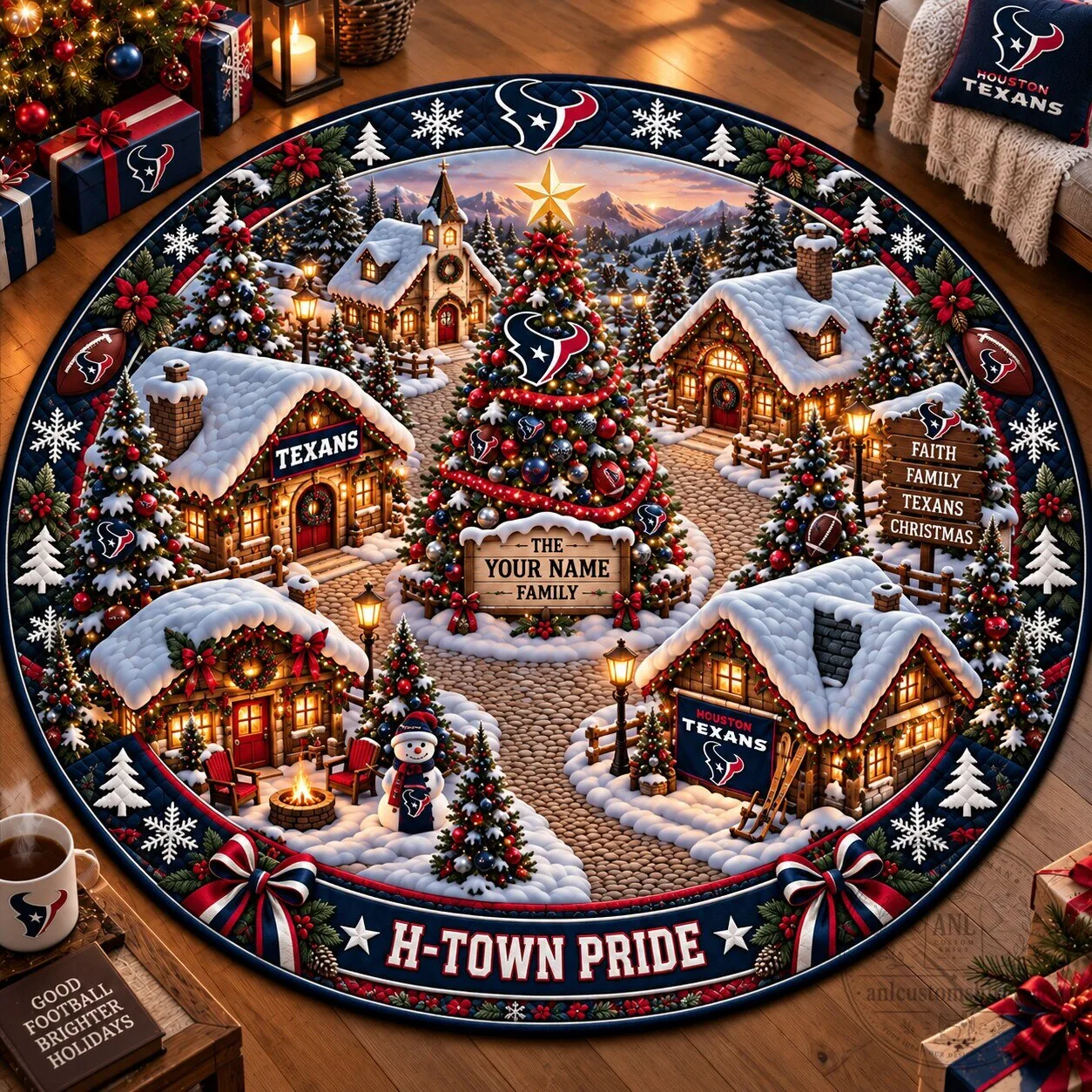Houston Texans Christmas Village Round Quilted Rug