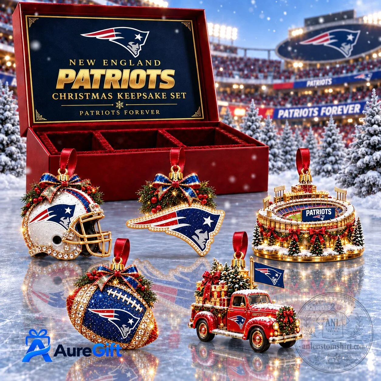 New England Patriots Christmas Keepsake Set Football Helmet Stadium Truck Ornaments