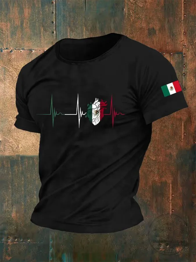 Mexican Independence Day Heartbeat Flag Men's T-Shirt