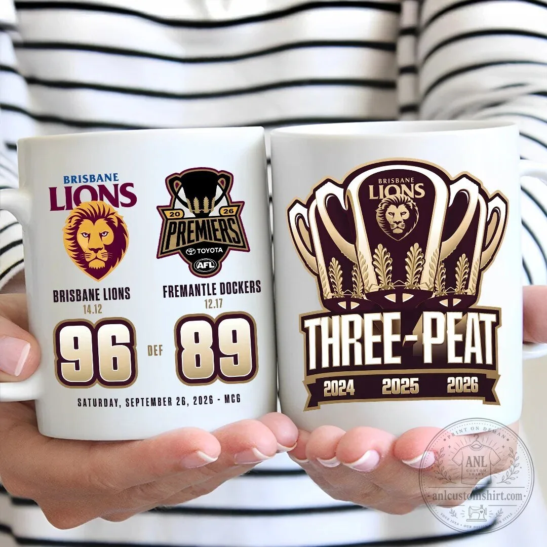 Brisbane Lions AFL Three-Peat Premiers 2024 2025 2026 Commemorative Mug