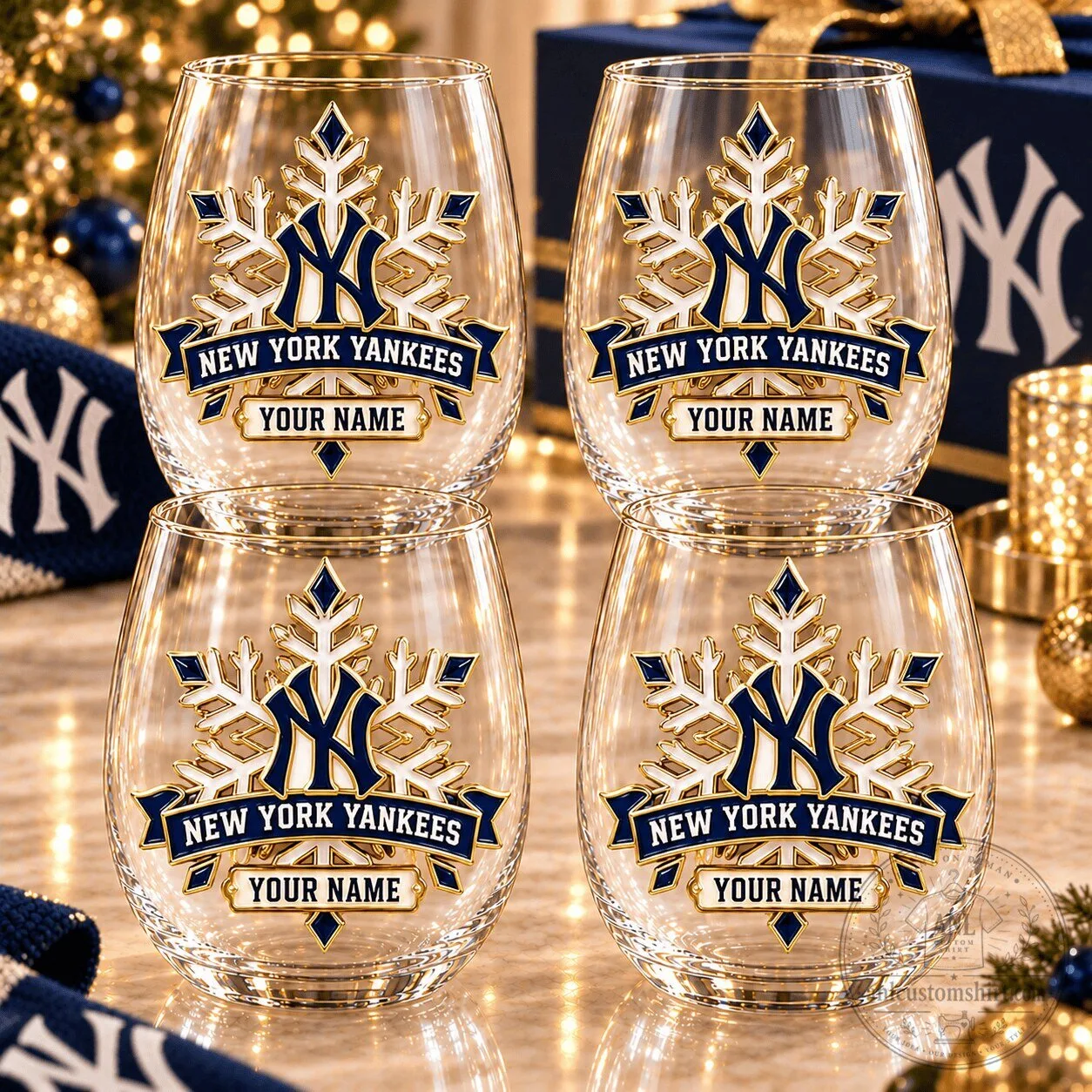 New York Yankees Personalized Snowflake Stemless Wine Glass Set