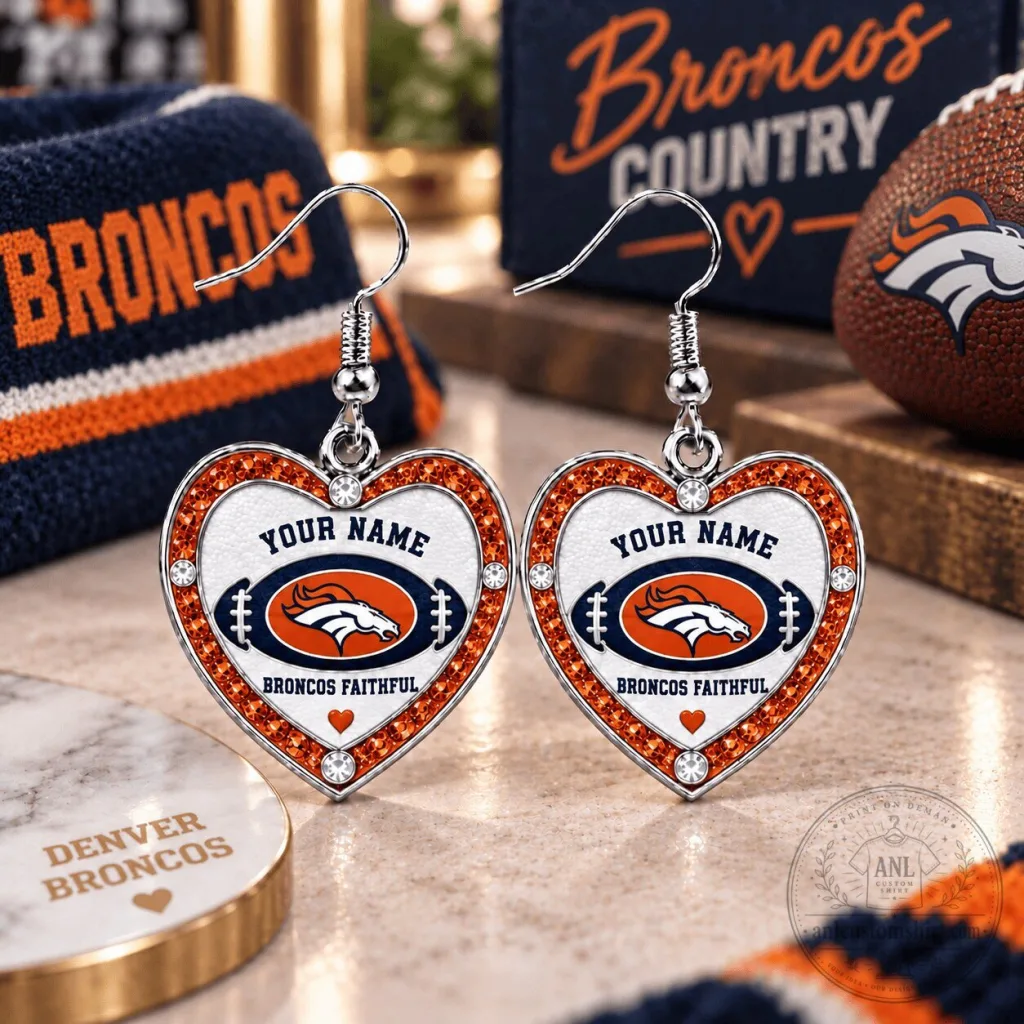 Denver Broncos Heart Shaped Dangle Earrings Personalized Gift For Fan Denver Broncos Heart Shaped Dangle Earrings Personalized Gift For Fan
