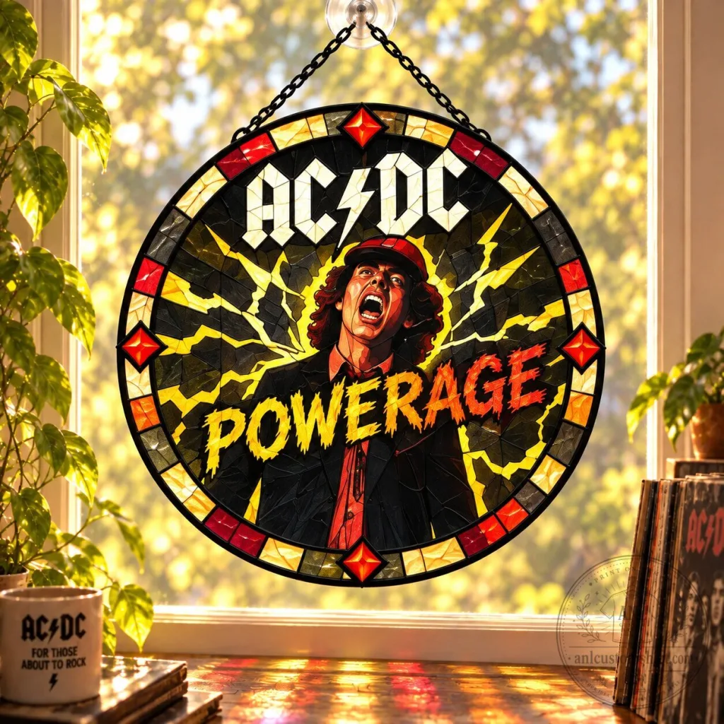 ACDC Powerage Album Stained Glass Window Hanging Suncatcher AC/DC Powerage Album Stained Glass Window Hanging Suncatcher