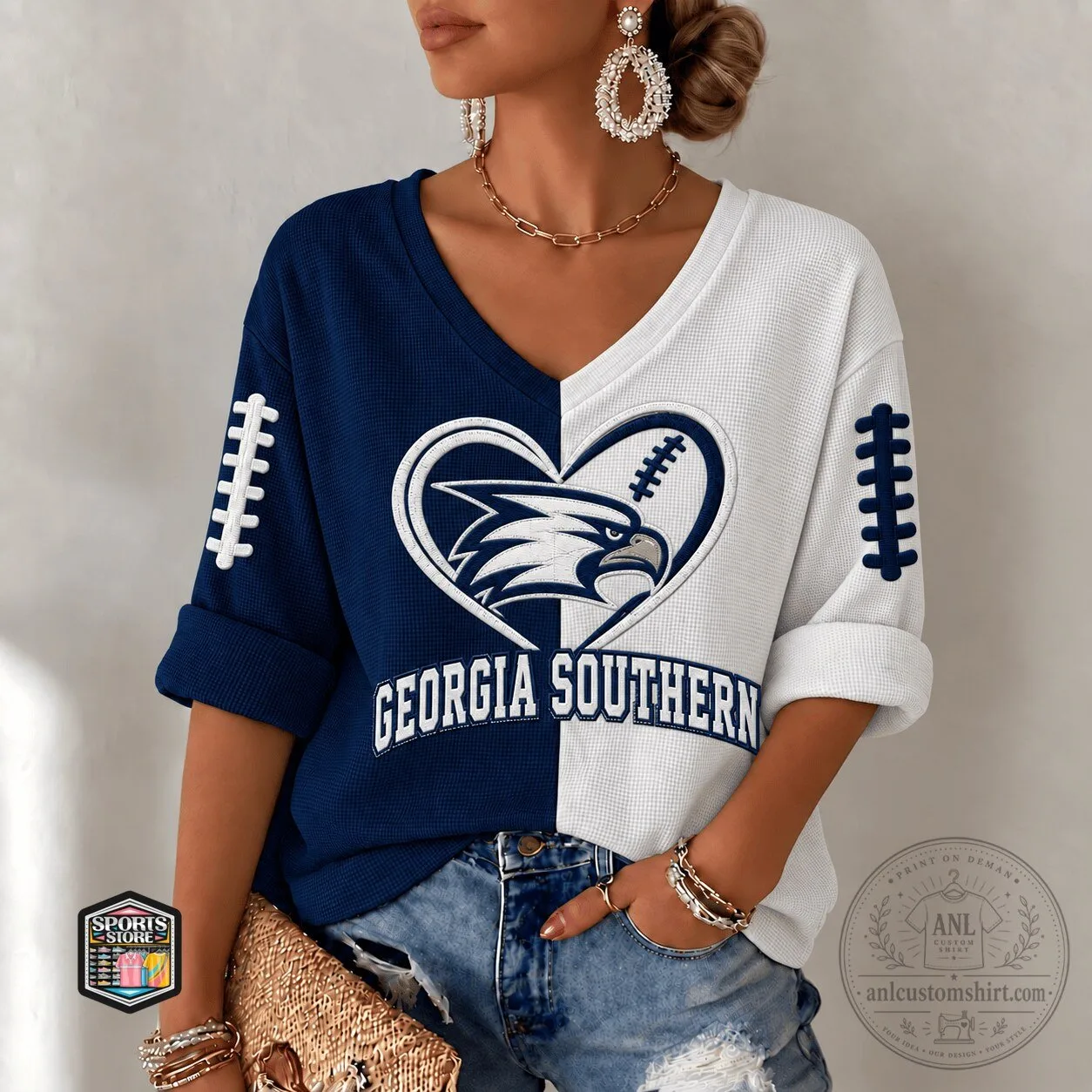 Georgia Southern Eagles Football Fan Split Color V-Neck Long Sleeve T-Shirt 2 Georgia Southern Eagles Football Fan Split Color V-Neck Long Sleeve T-Shirt