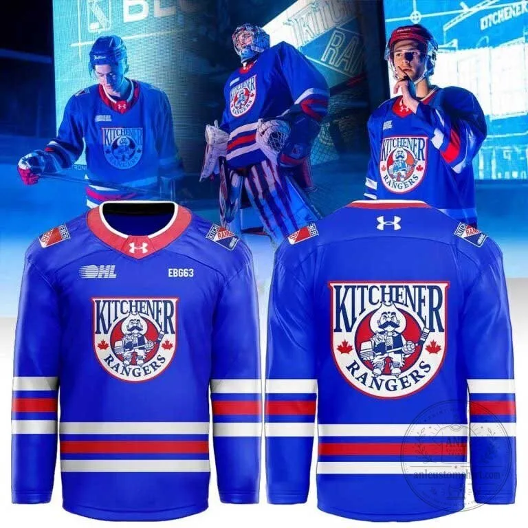Kitchener Rangers Blue Hockey Jersey with Red and White Stripes