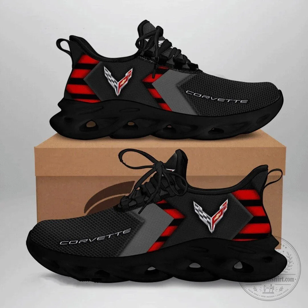 Chevrolet Corvette C8 Logo Black and Red Striped Design Running Shoes