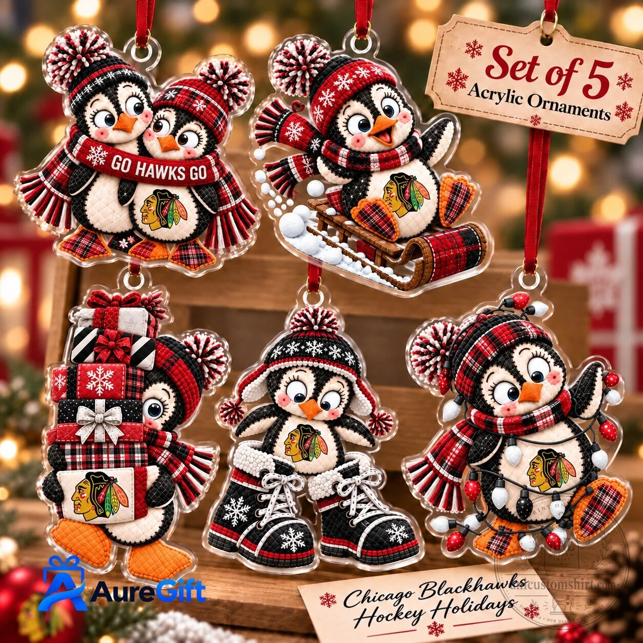 Chicago Blackhawks Penguin Christmas Holiday Acrylic Ornaments Set of 5