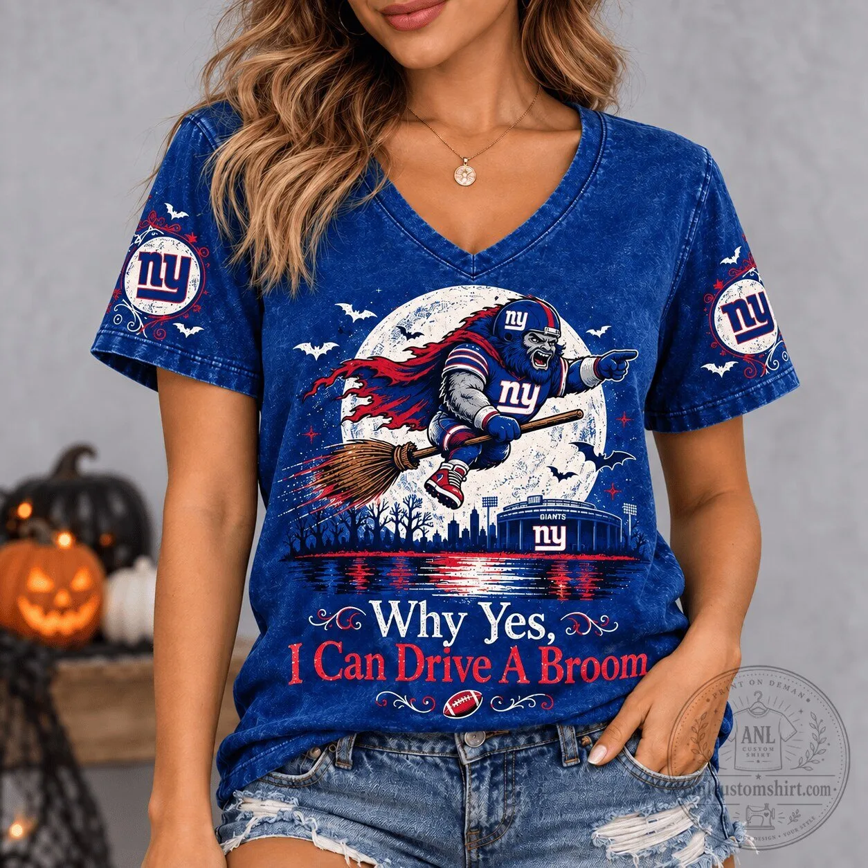 New York Giants Halloween Spooky Game Day Witch V-Neck T-Shirt